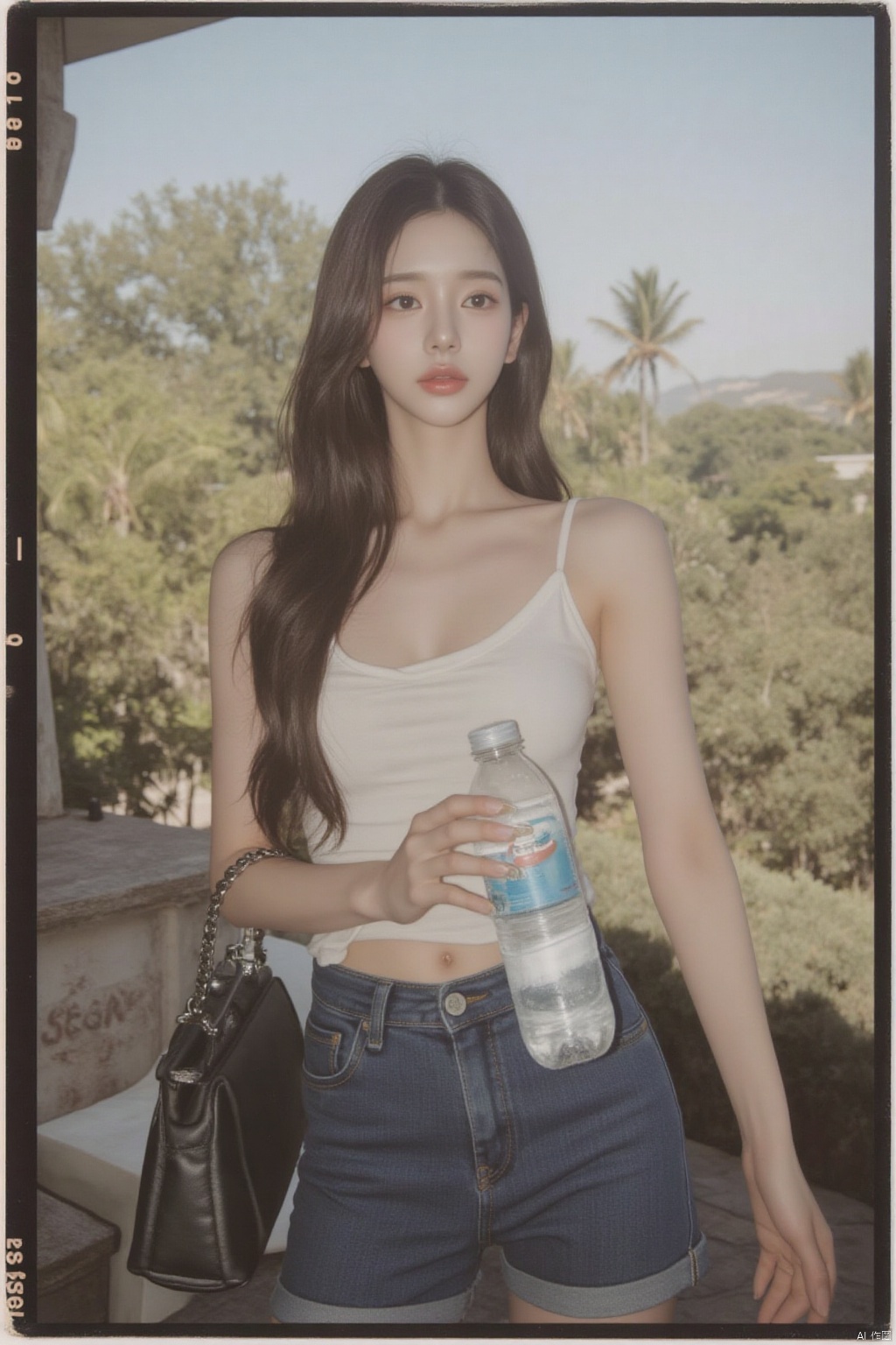 1girl, solo, long hair, breasts, brown hair, shirt, holding, brown eyes, standing, white shirt, cowboy shot, outdoors, shorts, sleeveless, day, pants, bag, lips, looking to the side, sleeveless shirt, bottle, denim, jeans, handbag, shoulder bag, realistic, holding bottle, water bottle,,A young and beautiful Asian girl,Polaroid camera style