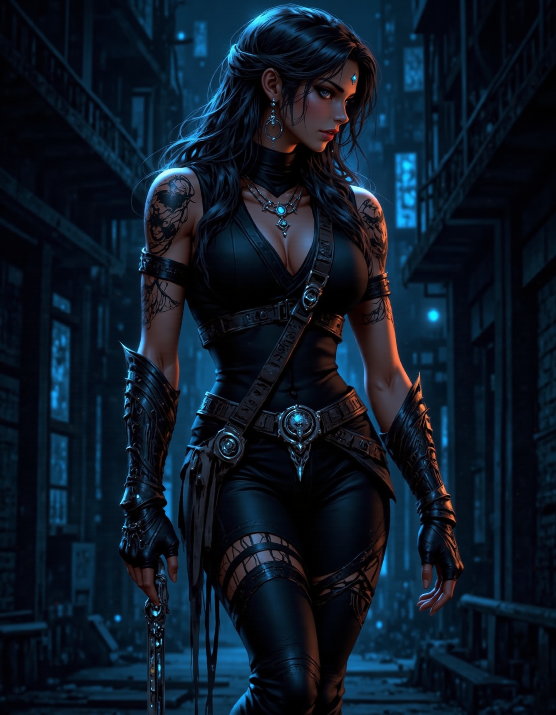 A sultry cyberpunk babe,  reminiscent of Mortal Kombat's Scorpion. She stands tall,  her piercing gaze fixed on the horizo...