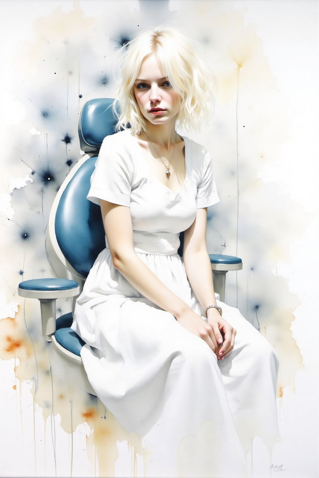 Watercolor yawcs1 style. Watercolor nwmwc1 style. 1girl,  white hair,  white dress on Tensor.Art