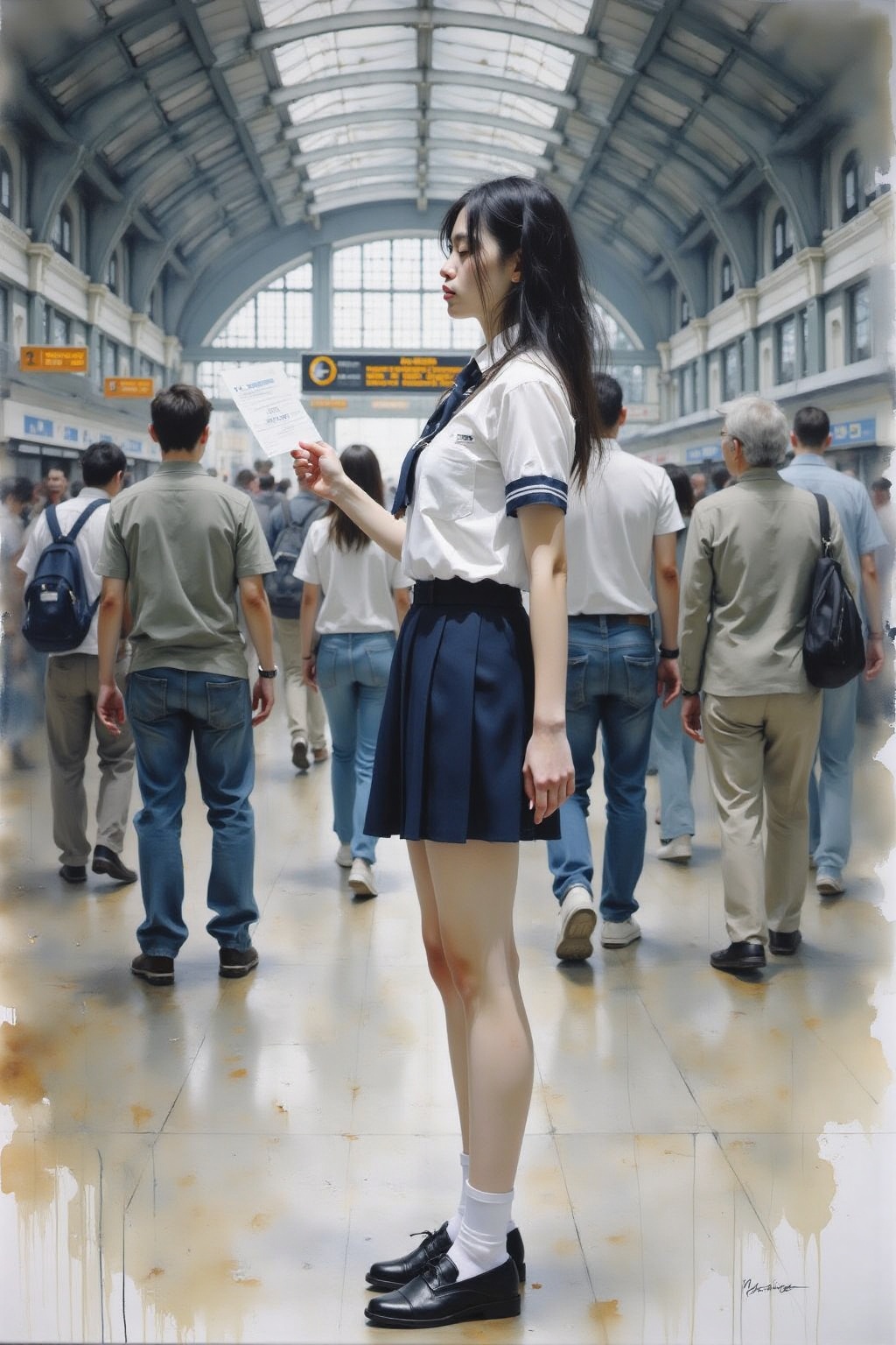 yawcs1. Profile of a high school student in uniform,  white socks and black shoes,  standing in the middle of a train stat...