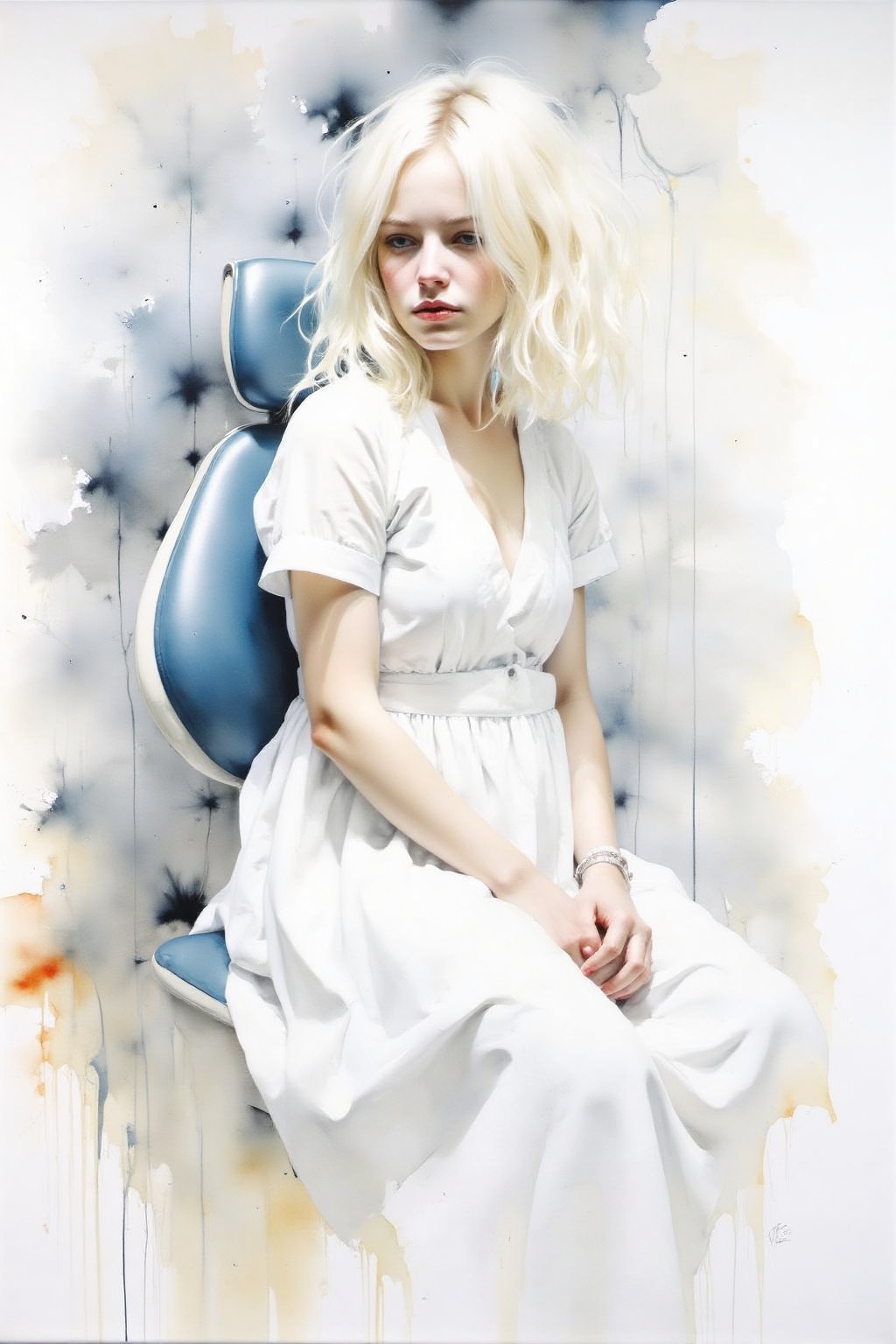Watercolor yawcs1 style. Watercolor nwmwc1 style. 1girl,  white hair,  white dress on Tensor.Art