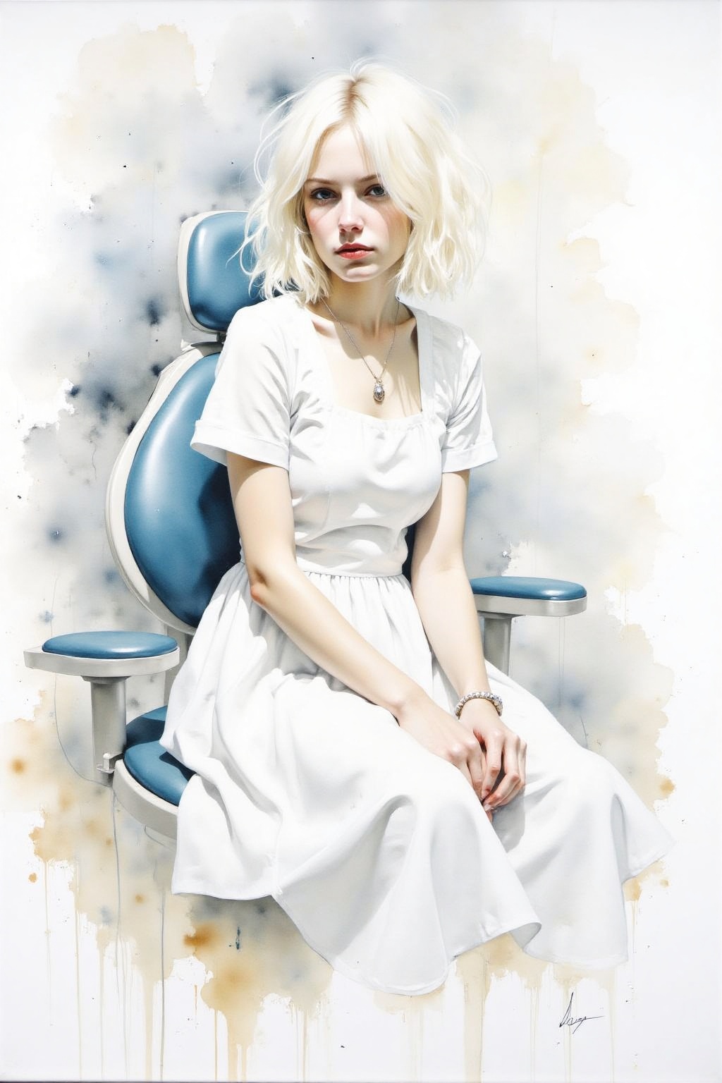 Watercolor yawcs1 style. Watercolor nwmwc1 style. 1girl,  white hair,  white dress on Tensor.Art