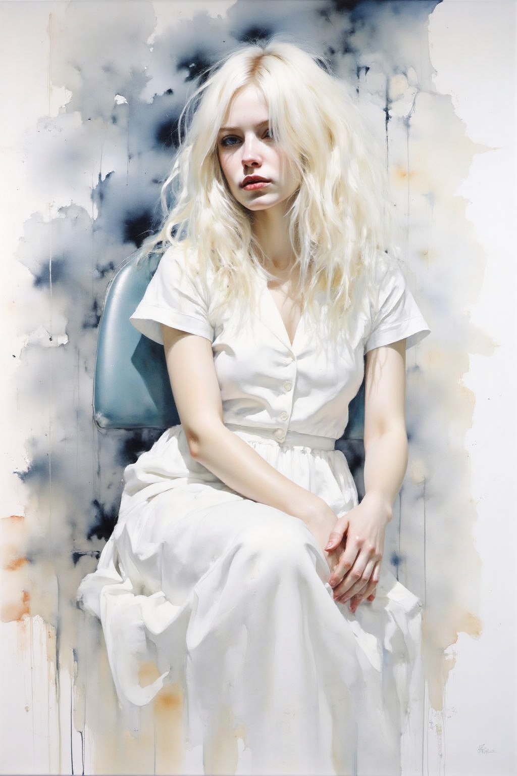 Watercolor yawcs1 style. Watercolor nwmwc1 style. 1girl,  white hair,  white dress on Tensor.Art