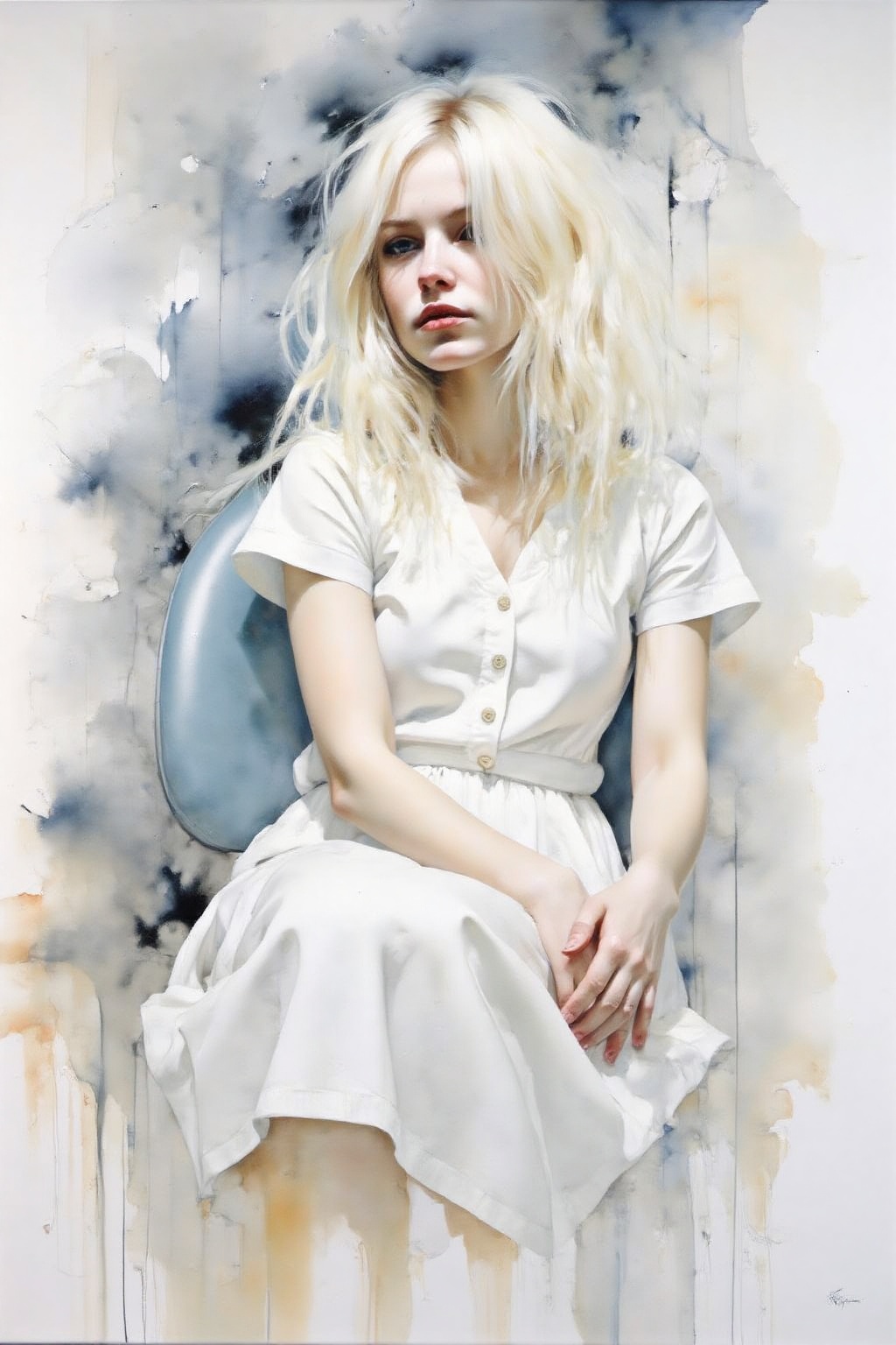 Watercolor yawcs1 style. Watercolor nwmwc1 style. 1girl,  white hair,  white dress on Tensor.Art