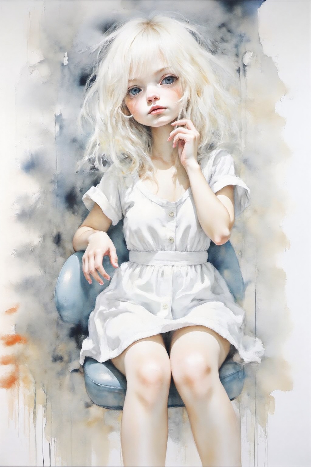 Watercolor yawcs1 style. Watercolor nwmwc1 style. 1girl,  white hair,  white dress on Tensor.Art