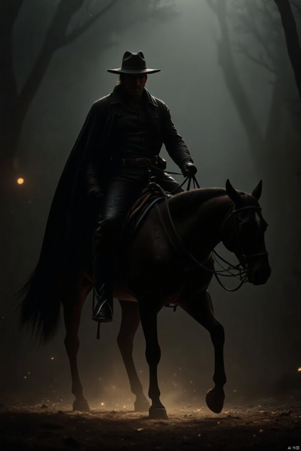 Light and shadow effects,a silhouette of a cowboy riding a black horse

adorned with a black cowboy hat and a long black coat. The cowboy is dressed in black leather pants