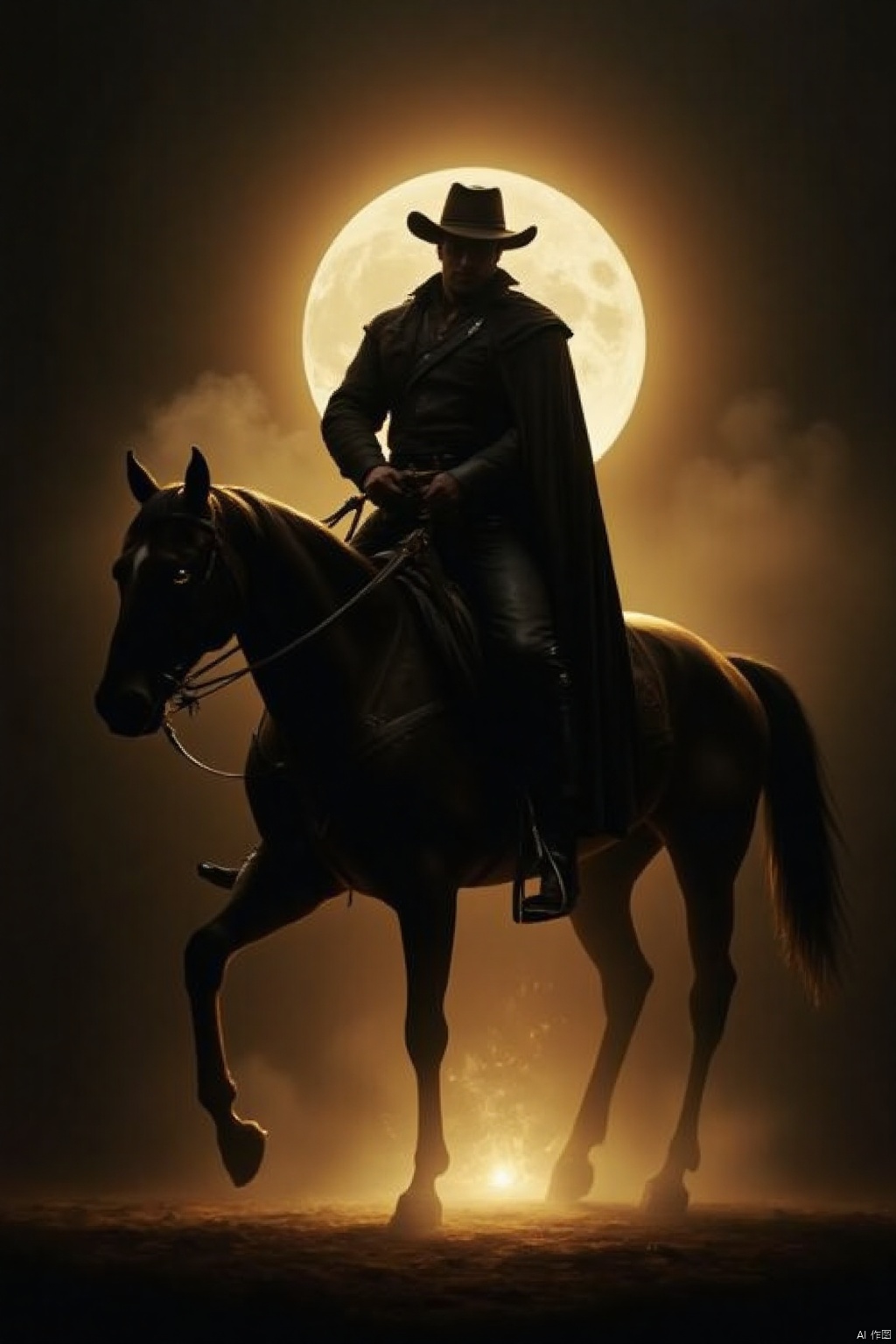 Light and shadow effects,a silhouette of a cowboy riding a black horse

adorned with a black cowboy hat and a long black coat. The cowboy is dressed in black leather pants