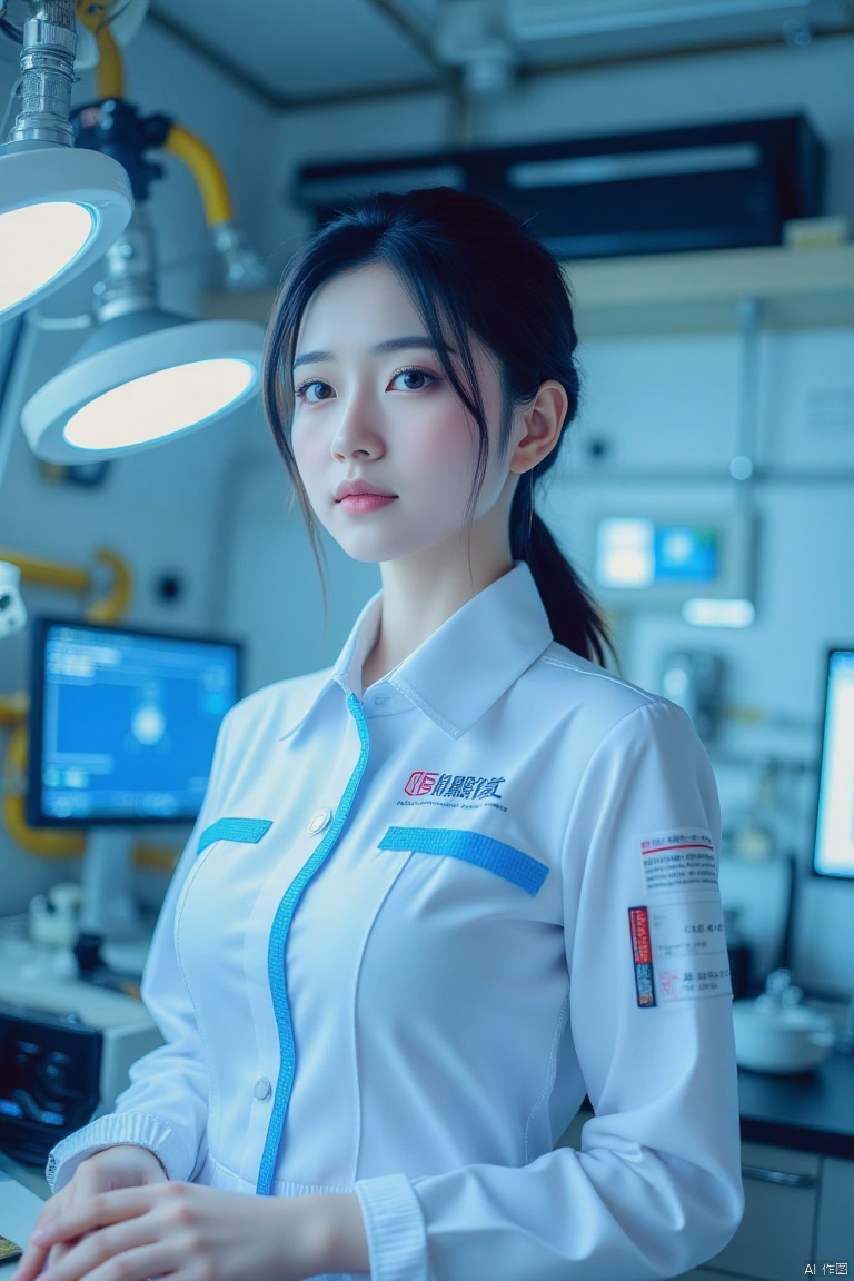 Chinese aesthetics, Chinese beauty, realistic photography,
Chinese sci-fi women, wearing futuristic smart clothes, short hair as smart as lightning, clear facial contours, calm eyes, and technological makeup, with professional temperament and wisdom, like smart designers from the future, human body structure proportions Accurate, with coordinated proportions of all parts, in a smart laboratory full of technology, changing positions, mid-shot, full-body display, close-up, using extreme light and ultra-high definition and ultra-high resolution, master-level hyper-realistic shooting techniques. Showing the love for technology and the pursuit of innovation through expressions and movements, the background is the flashing electronic screens and smart devices, Tyndall light effects, technological tones, calm mood, master-level work, highly respected.