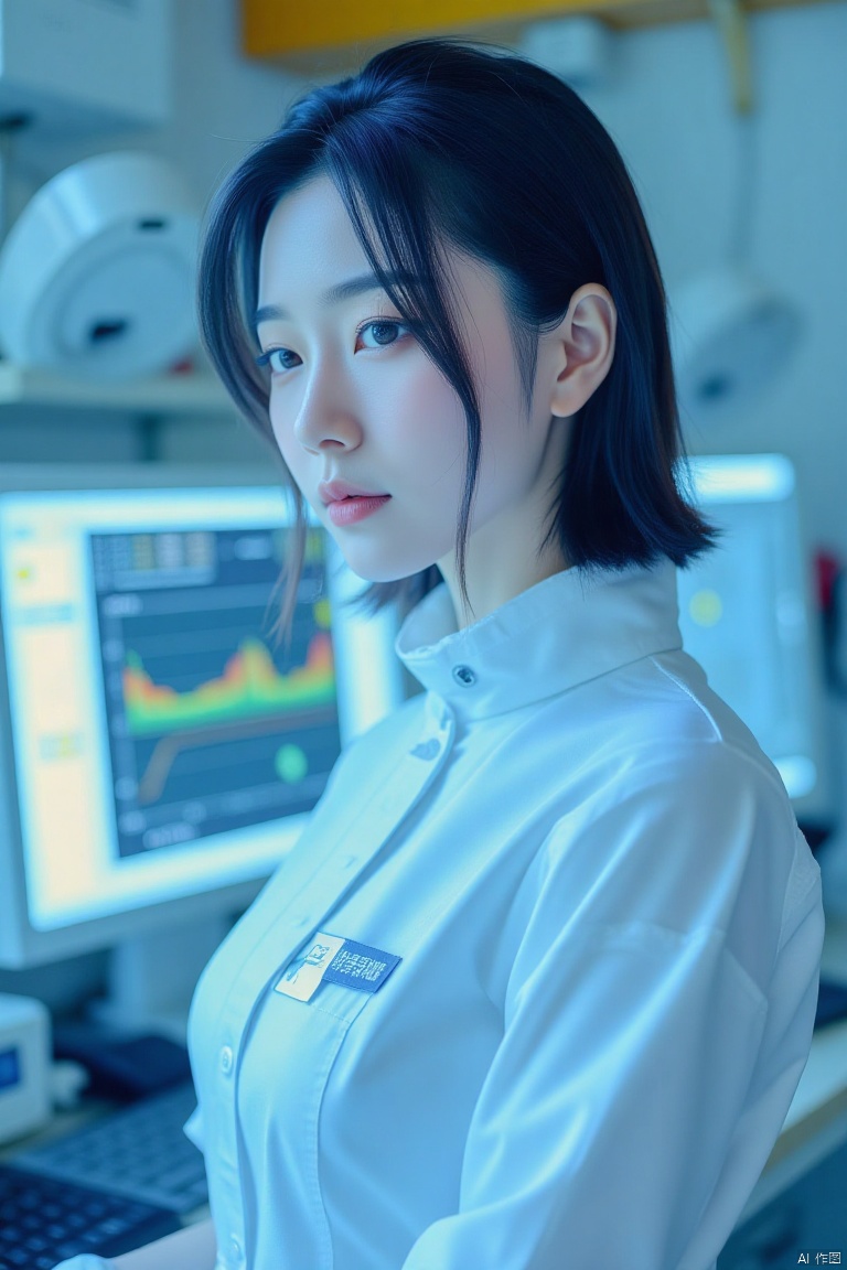 Chinese aesthetics, Chinese beauty, realistic photography,
Chinese sci-fi women, wearing futuristic smart clothes, short hair as smart as lightning, clear facial contours, calm eyes, and technological makeup, with professional temperament and wisdom, like smart designers from the future, human body structure proportions Accurate, with coordinated proportions of all parts, in a smart laboratory full of technology, changing positions, mid-shot, full-body display, close-up, using extreme light and ultra-high definition and ultra-high resolution, master-level hyper-realistic shooting techniques. Showing the love for technology and the pursuit of innovation through expressions and movements, the background is the flashing electronic screens and smart devices, Tyndall light effects, technological tones, calm mood, master-level work, highly respected.