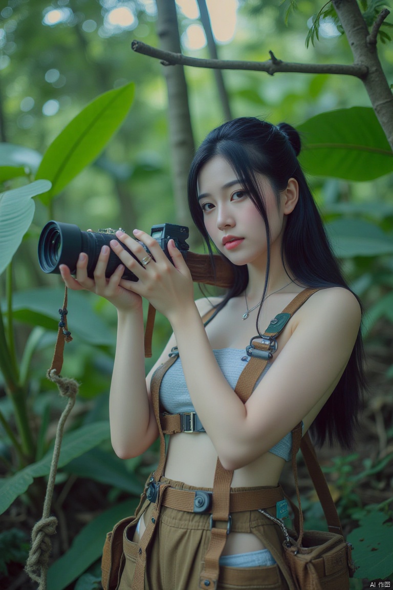 Chinese aesthetics, Chinese beauty,A plump figure, realistic photography,
Chinese adventure women, dressed in explorer equipment, with long hair burning like flames, resolute facial makeup, sharp eyes, and a temperament full of adventurous spirit, are like explorers in the jungle, with precise proportions of human body structure and coordinated proportions of various parts. In the mysterious tropical rain forest, changing positions, medium shots, full-body displays, close-ups, using extreme light and ultra-high definition and ultra-high resolution, master-level hyper-realistic shooting techniques. The awe of nature and the desire for adventure are shown through the eyes and gestures. The background is a dense forest and exotic wild animals. Tyndall lighting effects, natural tones, rich emotions, and master-level works are highly praised.