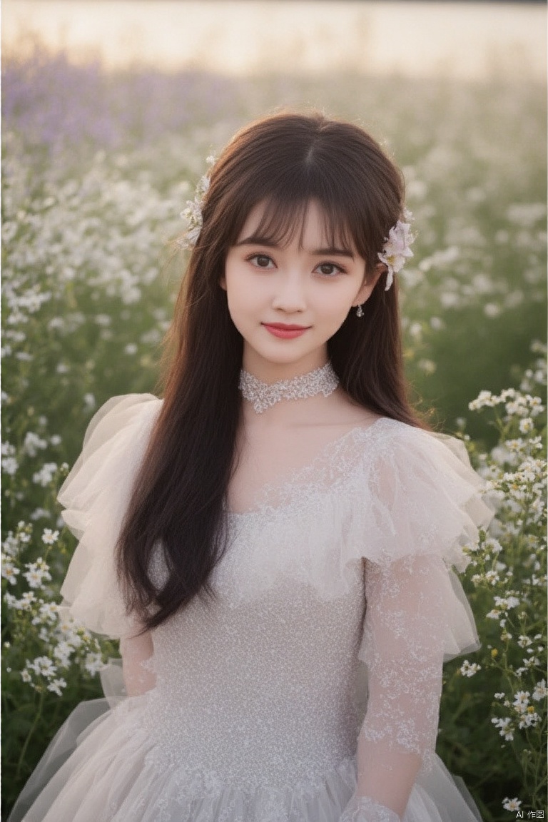 meinvzi, HDR, UHD, 8K, Highly detailed, best quality, masterpiece, 1girl, realistic, Highly detailed, (EOS R8, 50mm, F1.2, 8K, RAW photo:1.2), ultra realistic 8k cg,1 girl, solo focus,peafect body,Long hair,Messy hair,Bangs,hair between eyes,Sidelocks,Hair over shoulder,very long hair,shiny hair,floating hair,Bright eyes,big eyes,detailed eyes,beautiful eyes,hair ornament,hair flower,choker,frilled dress with lace,long dress,pleated dress,[loli],,outdoors,water,flower, in the ((sea of flowers)), flower field,meadow,beautiful detailed sky,feather,nature,(sunlight), skirt up,,moist skin, shiny skin, glossy skin, (best illumination, best shadow, extremely delicate and beautiful), perfect lighting, original, highres, dynamic angle, floating,depth of field, caustics,lens flare,warm lighting,(official art,beautiful and aesthetic:1.2),beautiful face, ultra detailed eyes, looking_at_viewer,kind smile,pose for picture