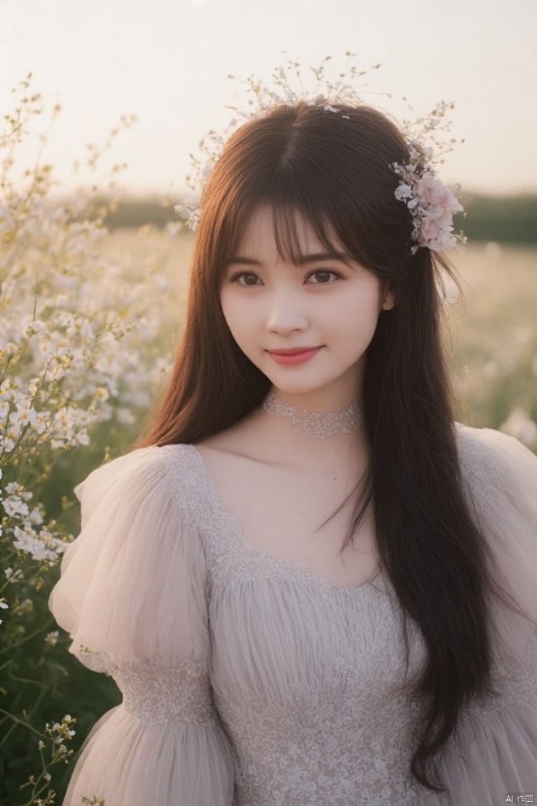 meinvzi, HDR, UHD, 8K, Highly detailed, best quality, masterpiece, 1girl, realistic, Highly detailed, (EOS R8, 50mm, F1.2, 8K, RAW photo:1.2), ultra realistic 8k cg,1 girl, solo focus,peafect body,Long hair,Messy hair,Bangs,hair between eyes,Sidelocks,Hair over shoulder,very long hair,shiny hair,floating hair,Bright eyes,big eyes,detailed eyes,beautiful eyes,hair ornament,hair flower,choker,frilled dress with lace,long dress,pleated dress,[loli],,outdoors,water,flower, in the ((sea of flowers)), flower field,meadow,beautiful detailed sky,feather,nature,(sunlight), skirt up,,moist skin, shiny skin, glossy skin, (best illumination, best shadow, extremely delicate and beautiful), perfect lighting, original, highres, dynamic angle, floating,depth of field, caustics,lens flare,warm lighting,(official art,beautiful and aesthetic:1.2),beautiful face, ultra detailed eyes, looking_at_viewer,kind smile,pose for picture