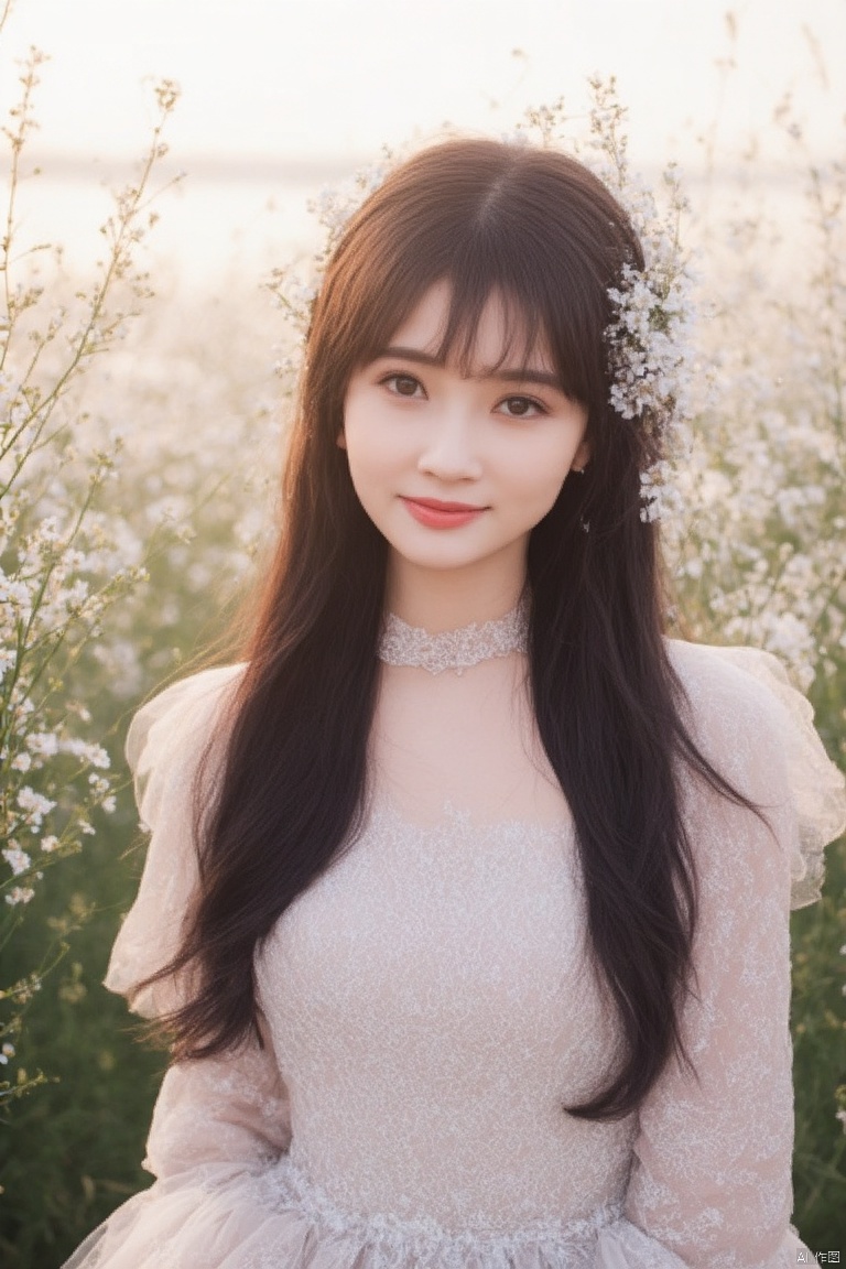 meinvzi, HDR, UHD, 8K, Highly detailed, best quality, masterpiece, 1girl, realistic, Highly detailed, (EOS R8, 50mm, F1.2, 8K, RAW photo:1.2), ultra realistic 8k cg,1 girl, solo focus,peafect body,Long hair,Messy hair,Bangs,hair between eyes,Sidelocks,Hair over shoulder,very long hair,shiny hair,floating hair,Bright eyes,big eyes,detailed eyes,beautiful eyes,hair ornament,hair flower,choker,frilled dress with lace,long dress,pleated dress,[loli],,outdoors,water,flower, in the ((sea of flowers)), flower field,meadow,beautiful detailed sky,feather,nature,(sunlight), skirt up,,moist skin, shiny skin, glossy skin, (best illumination, best shadow, extremely delicate and beautiful), perfect lighting, original, highres, dynamic angle, floating,depth of field, caustics,lens flare,warm lighting,(official art,beautiful and aesthetic:1.2),beautiful face, ultra detailed eyes, looking_at_viewer,kind smile,pose for picture