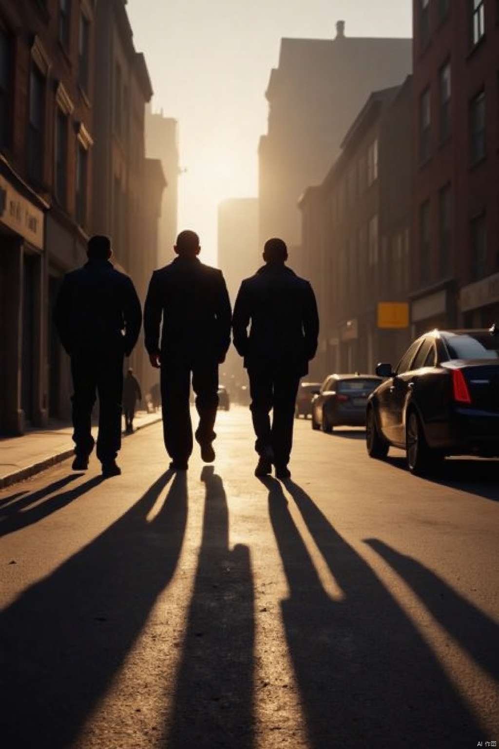Backlit backlight,Captured at eye-level,a low-angle shot captures three men walking down a street,their shadows cast on the ground. The men are dressed in dark clothing,their backs turned to the viewer. To the right of the men,a black car is parked on the side of the street,adding a pop of color to the scene. The sun is setting in the background