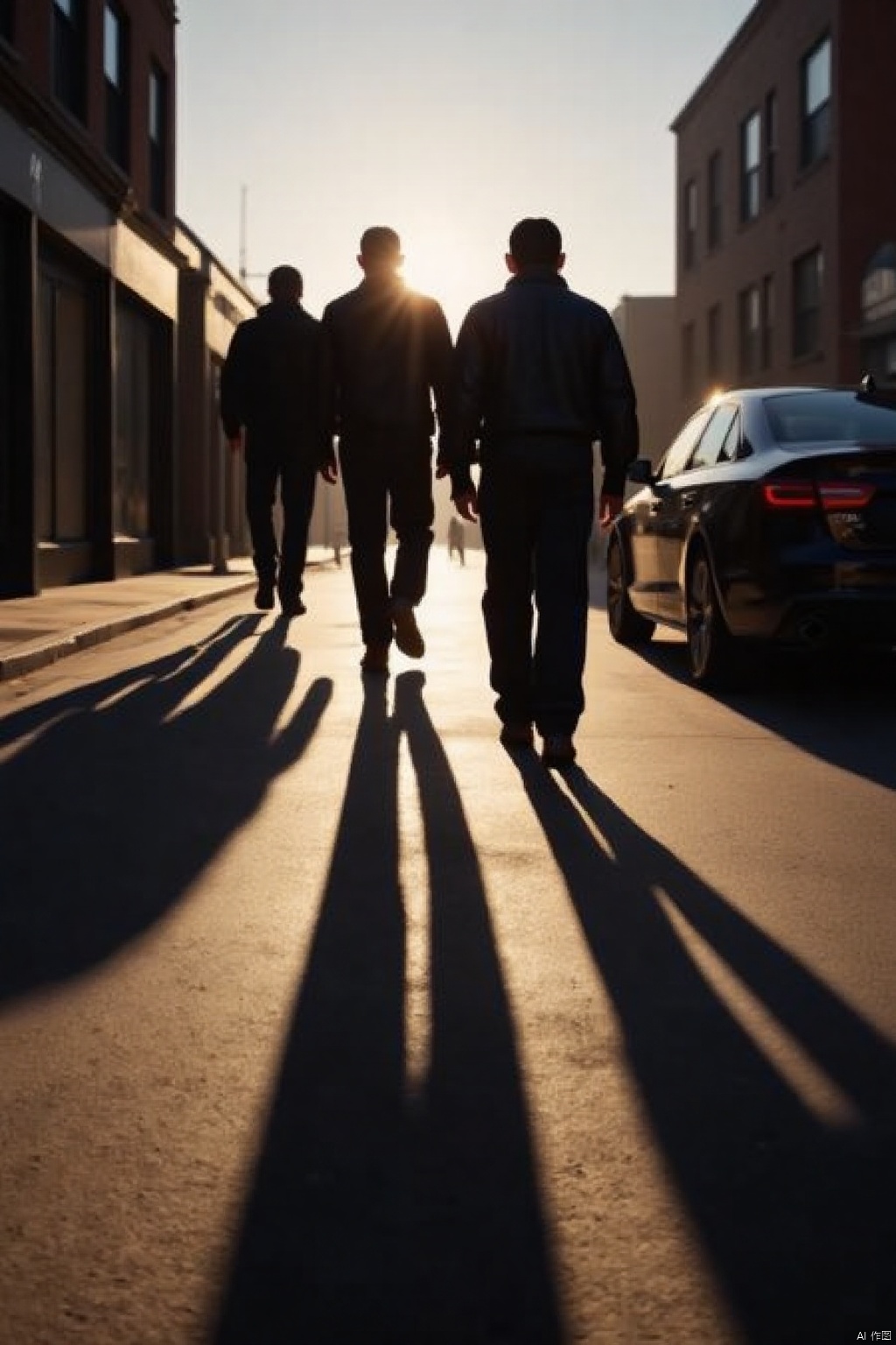 Backlit backlight,Captured at eye-level,a low-angle shot captures three men walking down a street,their shadows cast on the ground. The men are dressed in dark clothing,their backs turned to the viewer. To the right of the men,a black car is parked on the side of the street,adding a pop of color to the scene. The sun is setting in the background