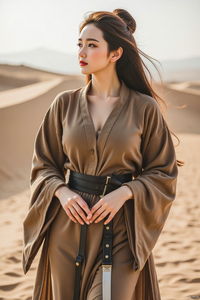 Chinese aesthetics, Chinese beauty, full breasts,white skin,A plump figure, realistic photography,
Full body shot, wild and uninhibited, desert hunter, challenging profile, firm eyes, dark red lip color, smoky makeup, (face close-up), olive skin tone, (wearing leather war robe, hanging machete at waist), free, long Hair tied up, dynamic perspective, camel running fast. The mount is a strong two-humped camel with rough hair, resolute eyes, and steady steps, which can walk on flat ground in the desert.