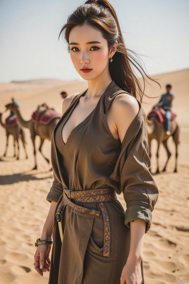 Chinese aesthetics, Chinese beauty, full breasts,white skin,A plump figure, realistic photography,
Full body shot, wild and uninhibited, desert hunter, challenging profile, firm eyes, dark red lip color, smoky makeup, (face close-up), olive skin tone, (wearing leather war robe, hanging machete at waist), free, long Hair tied up, dynamic perspective, camel running fast. The mount is a strong two-humped camel with rough hair, resolute eyes, and steady steps, which can walk on flat ground in the desert.