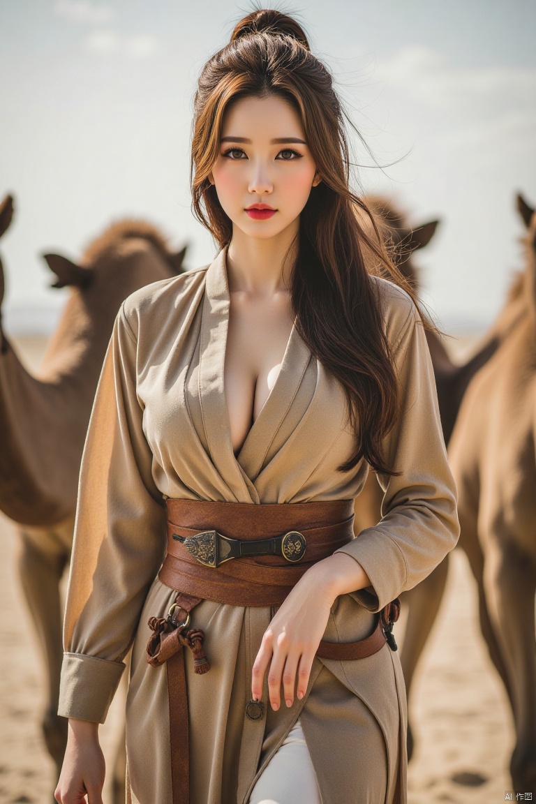 Chinese aesthetics, Chinese beauty, full breasts,white skin,A plump figure, realistic photography,
Full body shot, wild and uninhibited, desert hunter, challenging profile, firm eyes, dark red lip color, smoky makeup, (face close-up), olive skin tone, (wearing leather war robe, hanging machete at waist), free, long Hair tied up, dynamic perspective, camel running fast. The mount is a strong two-humped camel with rough hair, resolute eyes, and steady steps, which can walk on flat ground in the desert.