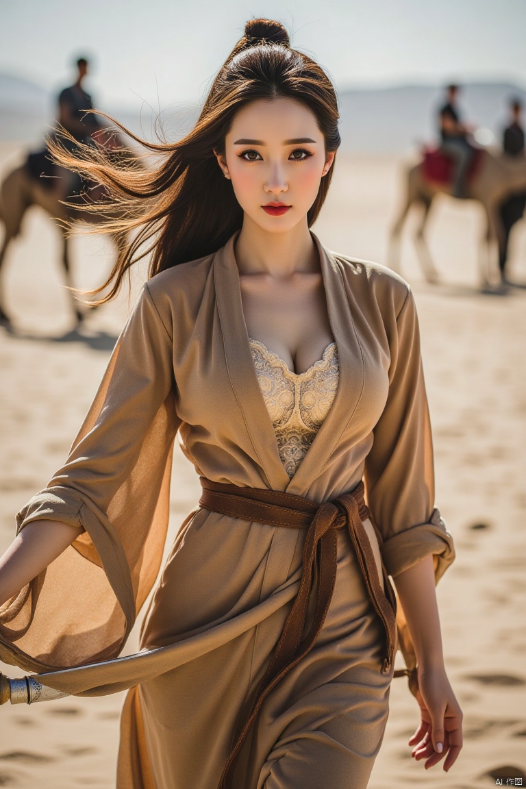 Chinese aesthetics, Chinese beauty, full breasts,white skin,A plump figure, realistic photography,
Full body shot, wild and uninhibited, desert hunter, challenging profile, firm eyes, dark red lip color, smoky makeup, (face close-up), olive skin tone, (wearing leather war robe, hanging machete at waist), free, long Hair tied up, dynamic perspective, camel running fast. The mount is a strong two-humped camel with rough hair, resolute eyes, and steady steps, which can walk on flat ground in the desert.