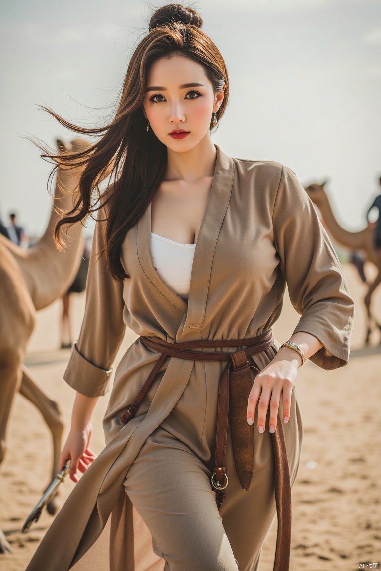 Chinese aesthetics, Chinese beauty, full breasts,white skin,A plump figure, realistic photography,
Full body shot, wild and uninhibited, desert hunter, challenging profile, firm eyes, dark red lip color, smoky makeup, (face close-up), olive skin tone, (wearing leather war robe, hanging machete at waist), free, long Hair tied up, dynamic perspective, camel running fast. The mount is a strong two-humped camel with rough hair, resolute eyes, and steady steps, which can walk on flat ground in the desert.