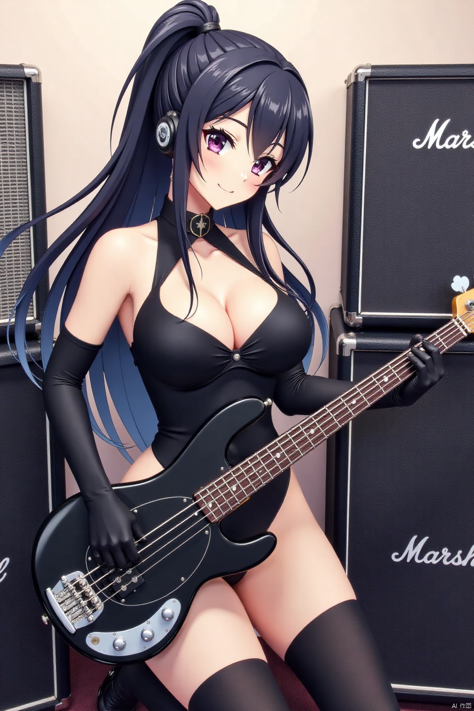 An anime-inspired artwork features a stunning woman playing a mesmerizing bass guitar solo. Her big breasts are barely contained within her center opening bodysuit, while her beautiful eyes shine with a lovesick gaze. Her long, streaked hair cascades down her back like a waterfall, swept bangs framing her heart-shaped face. A pair of elbow gloves and a high ponytail complete her edgy look. She's lost in the music, wearing headphones and surrounded by amplifiers and musical notes.