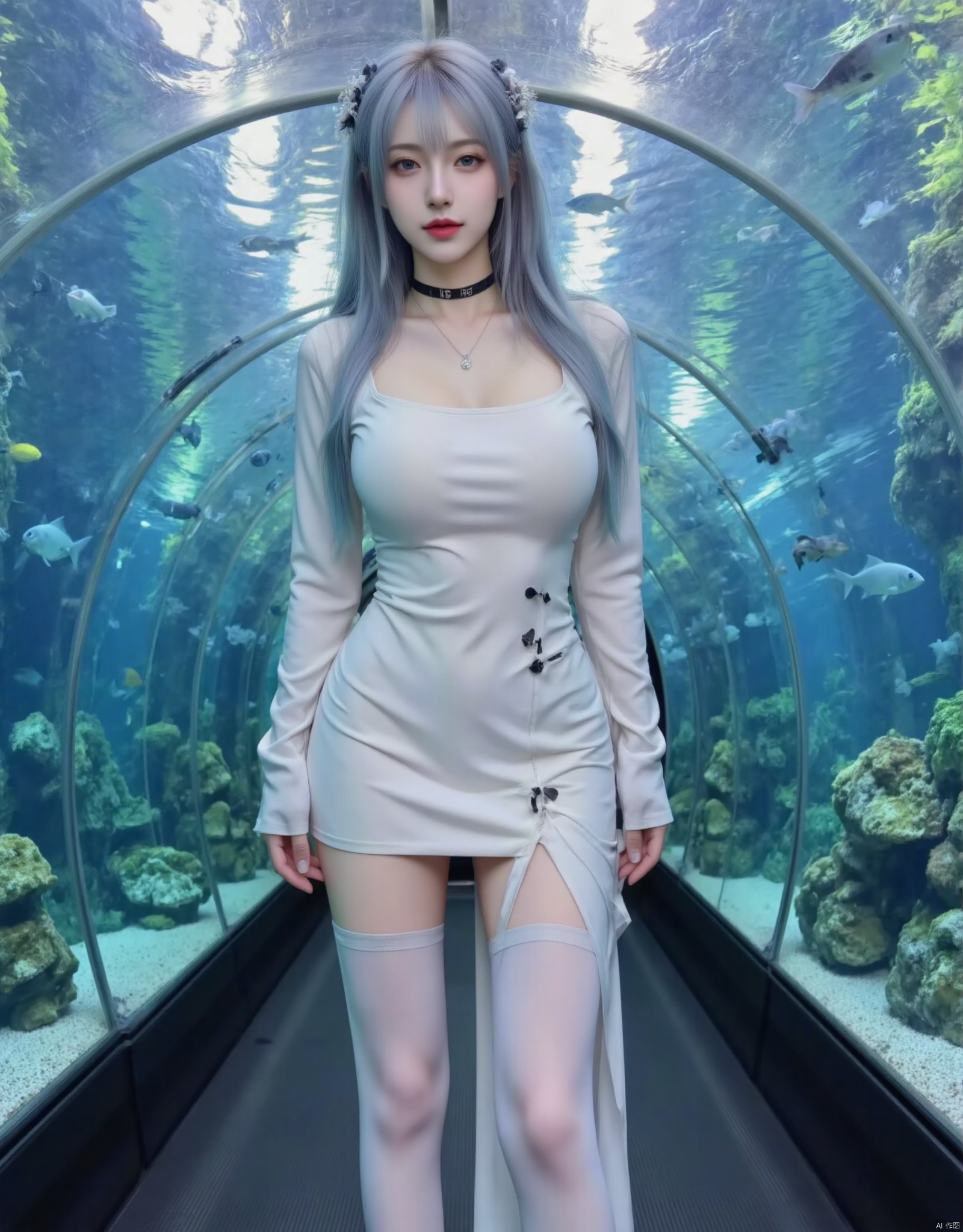 1girl, solo, long hair, thighhighs, dress, white hair, choker, white thighhighs, see-through, fish, underwater, aquarium
