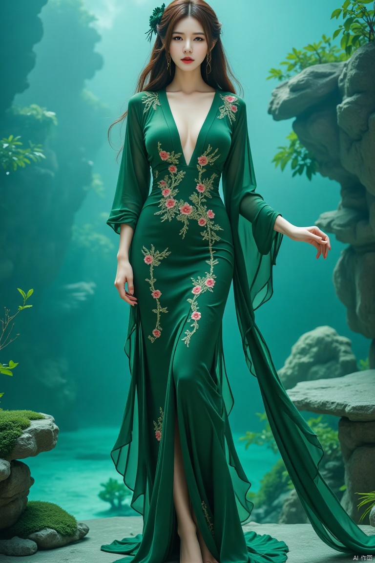 Chinese aesthetics, Chinese beauty, full breasts,,A plump figure, realistic photography,
The banshee of the Emerald Sea, she wears a robe woven from emerald green water plants, embroidered with mysterious creatures of the deep sea. Her hair is like kelp floating in the waves, swaying gently in the current, as if it is light kelp in the deep sea dancing gently in the waves. Tim Burton's fantasy style shapes her into an emerald sea nymph in the deep sea.