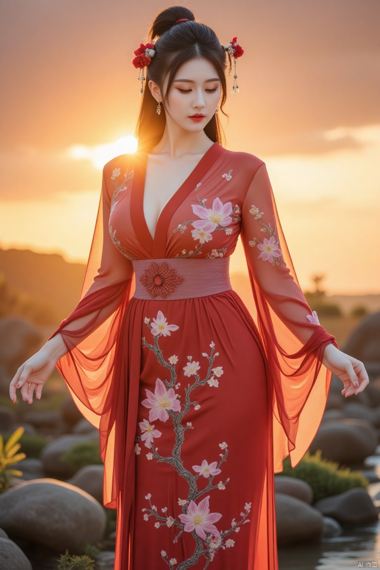 Chinese aesthetics, Chinese beauty, full breasts,,A plump figure, realistic photography,
The succubus of dusk song, she wears a robe woven from tuberose that blooms in the dusk, and is painted with birds flying in the dusk. Her hair is like the last golden glow of the setting sun, swaying gently in the breeze, as if it is the last ray of sunshine in the twilight fluttering gently on the horizon. Tim Burton's Gothic style shapes her into a singer in the twilight.