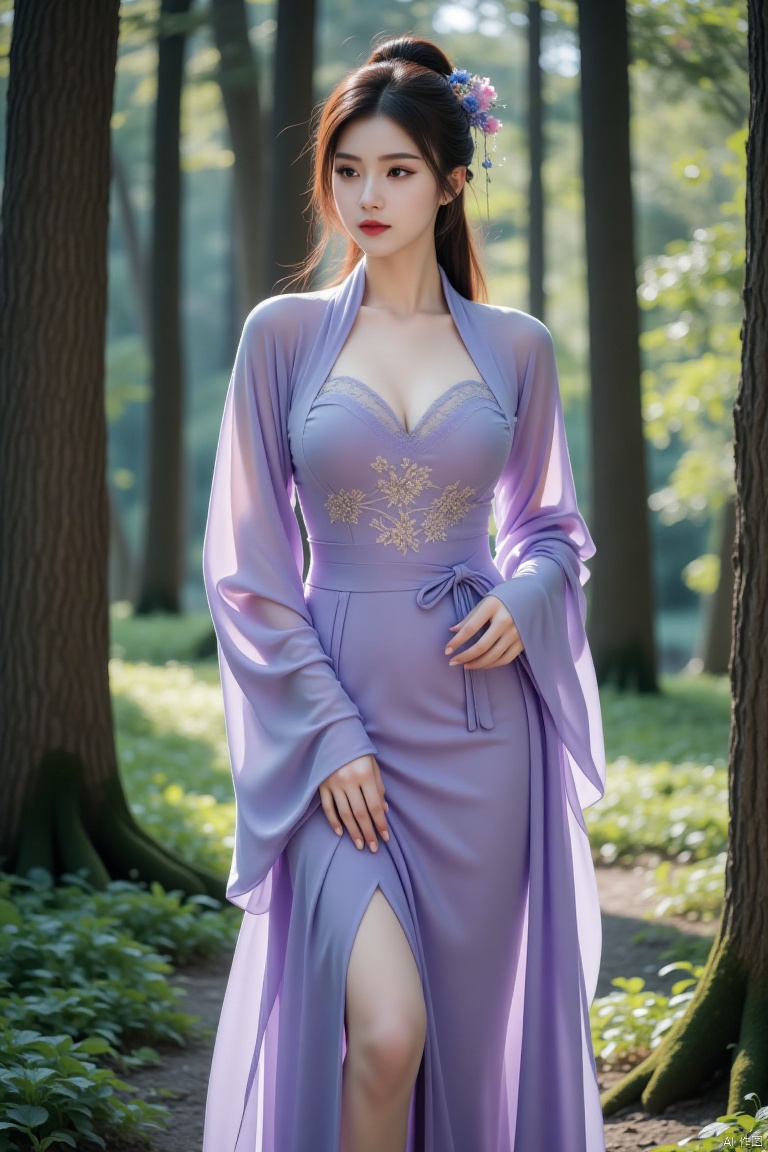 Chinese aesthetics, Chinese beauty, full breasts,,A plump figure, realistic photography,
The succubus of the dreamy forest, she wears a robe woven from dreamy blueberry petals, embroidered with dreamy creatures in the forest. Her hair is like the light mist in the morning dew, floating gently in the breeze, as if the first mist of morning in the forest is dancing lightly. Tim Burton's fantasy style shapes her into a mysterious dreamer in the forest.