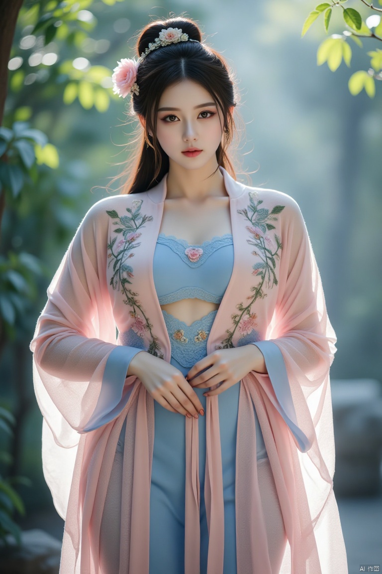 Chinese aesthetics, Chinese beauty, full breasts,,A plump figure, realistic photography,
The succubus of the dreamy forest, she wears a robe woven from dreamy blueberry petals, embroidered with dreamy creatures in the forest. Her hair is like the light mist in the morning dew, floating gently in the breeze, as if the first mist of morning in the forest is dancing lightly. Tim Burton's fantasy style shapes her into a mysterious dreamer in the forest.