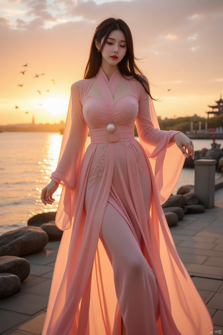 Chinese aesthetics, Chinese beauty, full breasts,,A plump figure, realistic photography,
The succubus of dusk song, she wears a robe woven from tuberose that blooms in the dusk, and is painted with birds flying in the dusk. Her hair is like the last golden glow of the setting sun, swaying gently in the breeze, as if it is the last ray of sunshine in the twilight fluttering gently on the horizon. Tim Burton's Gothic style shapes her into a singer in the twilight.