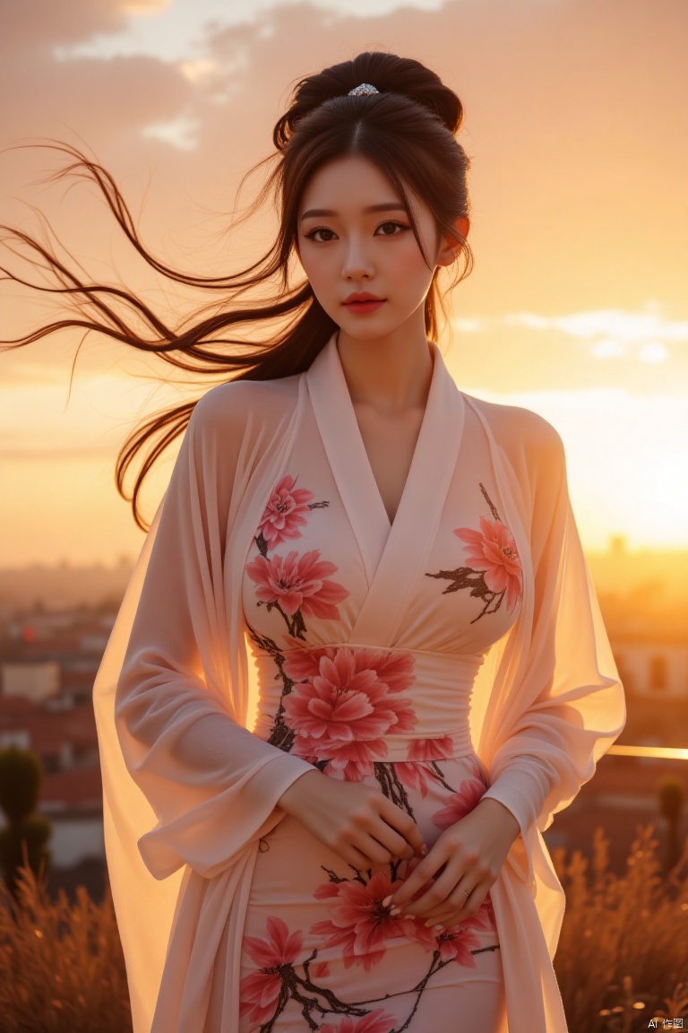 Chinese aesthetics, Chinese beauty, full breasts,,A plump figure, realistic photography,
The succubus of dusk song, she wears a robe woven from tuberose that blooms in the dusk, and is painted with birds flying in the dusk. Her hair is like the last golden glow of the setting sun, swaying gently in the breeze, as if it is the last ray of sunshine in the twilight fluttering gently on the horizon. Tim Burton's Gothic style shapes her into a singer in the twilight.