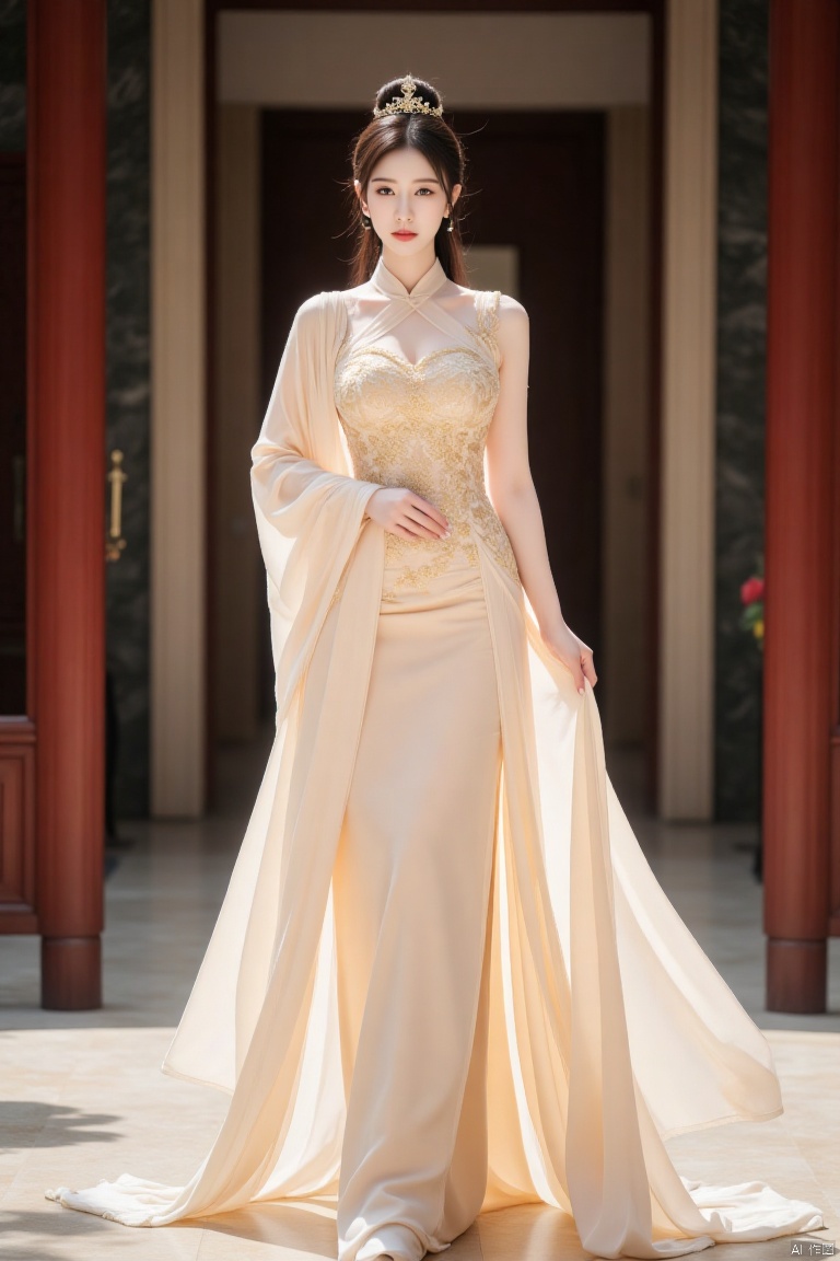 Chinese aesthetics, Asian beauty, snow-white skin ,full_body,beautiful lighting,
Full body photo, noble and cool, royal princess, frontal view, cold eyes, rose lip color, gorgeous makeup, (face close-up), ivory complexion, (wearing a golden palace dress and a crown), noble, long hair tied up , static view, palace hall. Extremely clear, tall, jade complexion, ((noble)), profound in power, perfect etiquette, majestic, dignified posture, light touch of fingers.