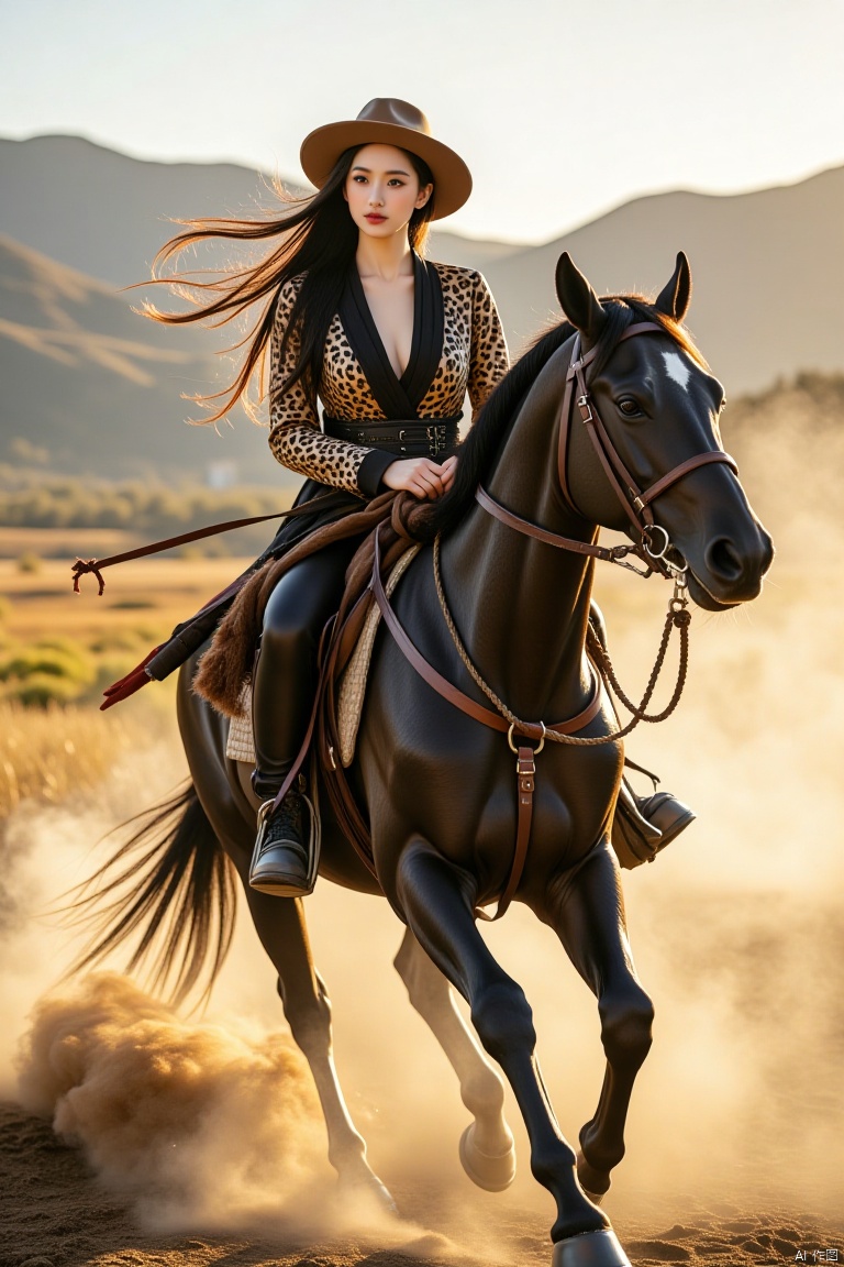Chinese aesthetics, Chinese beauty, full breasts,,A plump figure, realistic photography,
Full body photo, enchanting, prairie queen, side face staring, blurred eyes, small cherry mouth, wild makeup, (face close-up), bronze complexion, (wearing leopard print leather jacket, long whip tied at waist), domineering, long hair flying , dynamic perspective, galloping horse. The black horse's muscle lines shine with the beauty of strength in the sun. Every time the shoe hits the ground, dust is stirred up, as if it is the drumbeat of the earth, playing the hymn of the grassland.