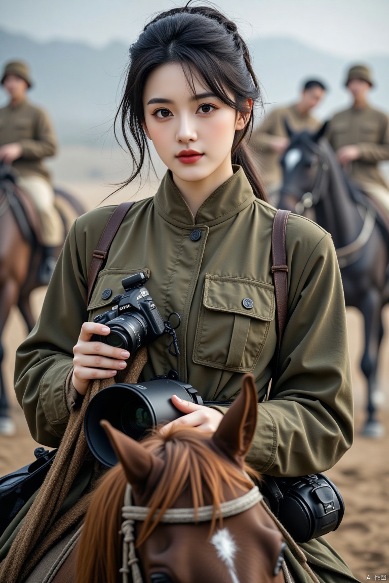 Chinese aesthetics, Chinese beauty, full breasts,,A plump figure, realistic photography,
Full body photo, resolute, war correspondent, looking straight on, resolute eyes, dark lip color, practical makeup, (face close-up), olive skin tone, (wearing a military green jacket, holding a camera), brave, neat short hair, dynamic Perspective, horse galloping. The mount is a war horse that has experienced war, with firm eyes, messy mane, and firm steps. It travels on the battlefield with its owner and witnesses historical moments.