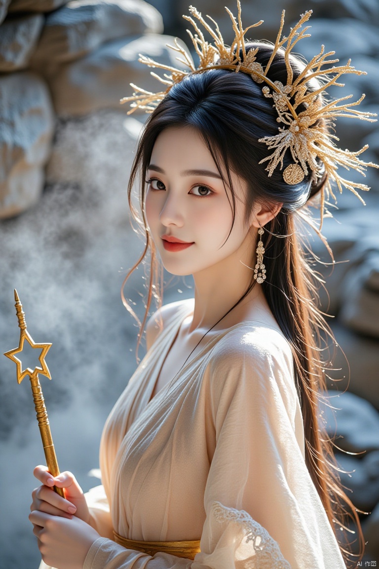 Chinese aesthetics, Chinese beauty, full breasts,,A plump figure, realistic photography,
Full body photo, romantic dream, starry sky goddess, profile smile, starry eyes, silver lip color, future makeup, (face close-up), transparent skin color, (wearing a flowing long dress, holding a star staff), mysterious, long flowing hair, static POV, phoenix flying. The mount is a gorgeous phoenix with twinkling feathers