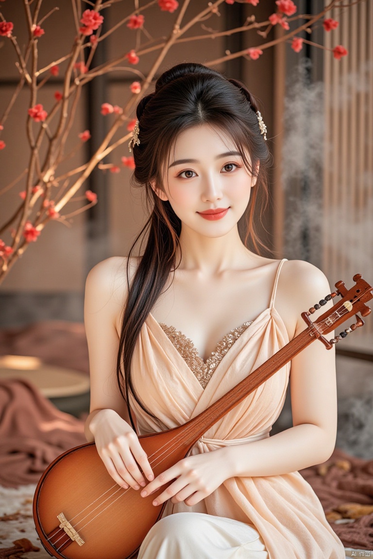 Chinese aesthetics, Chinese beauty, full breasts,,A plump figure, realistic photography,
A girl with a smile on her face, gently playing with the pipa strings with her fingers, her long hair tied into a loose bun, wearing a light dance dress, dancing to the music, her complexion is as attractive as a peach, her style is soft and moving, The colors are warm and layered, like a melodious melody.
