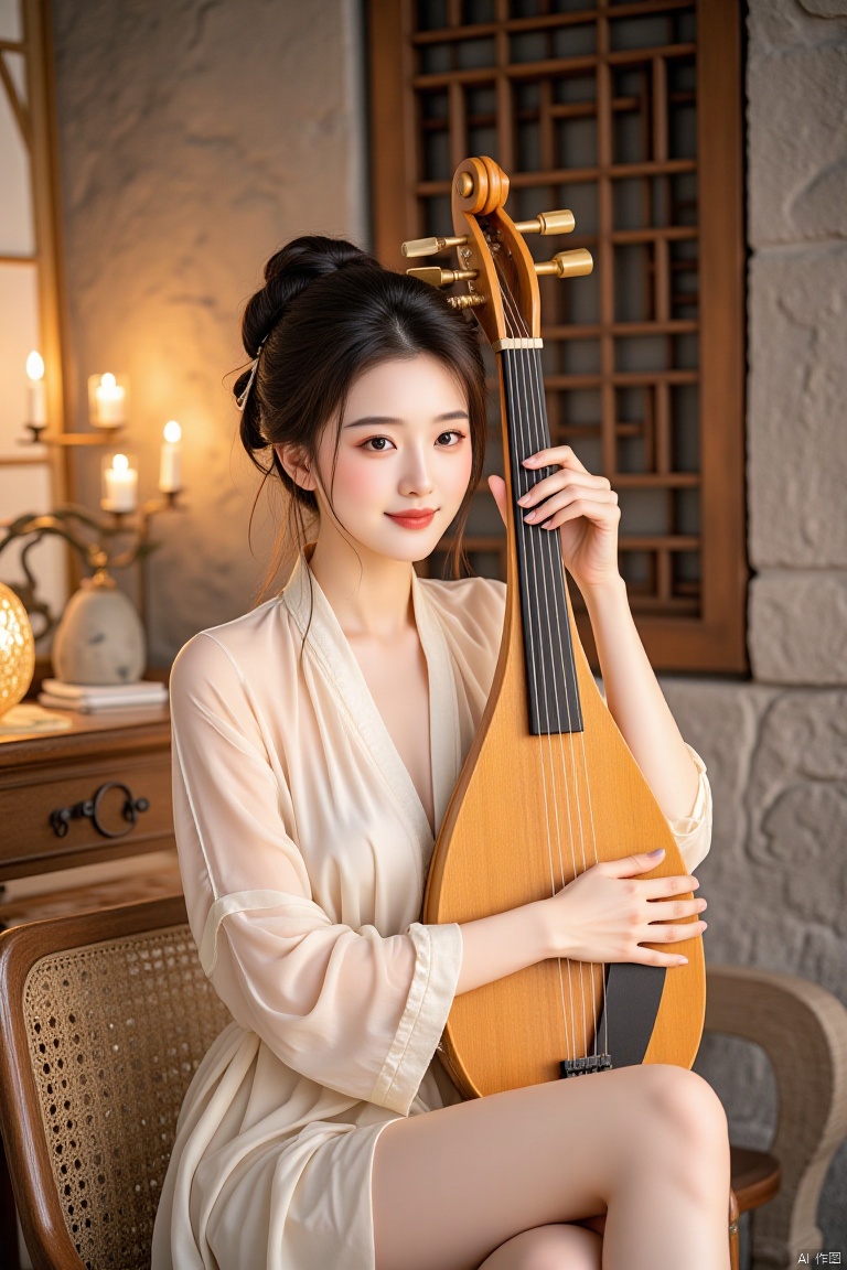 Chinese aesthetics, Chinese beauty, full breasts,,A plump figure, realistic photography,
A girl with a smile on her face, gently playing with the pipa strings with her fingers, her long hair tied into a loose bun, wearing a light dance dress, dancing to the music, her complexion is as attractive as a peach, her style is soft and moving, The colors are warm and layered, like a melodious melody.