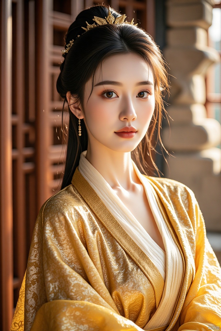 Chinese aesthetics, Asian beauty, snow-white skin ,full_body,beautiful lighting,
Full body photo, noble and cool, royal princess, frontal view, cold eyes, rose lip color, gorgeous makeup, (face close-up), ivory complexion, (wearing a golden palace dress and a crown), noble, long hair tied up , static view, palace hall. Extremely clear, tall, jade complexion, ((noble)), profound in power, perfect etiquette, majestic, dignified posture, light touch of fingers.