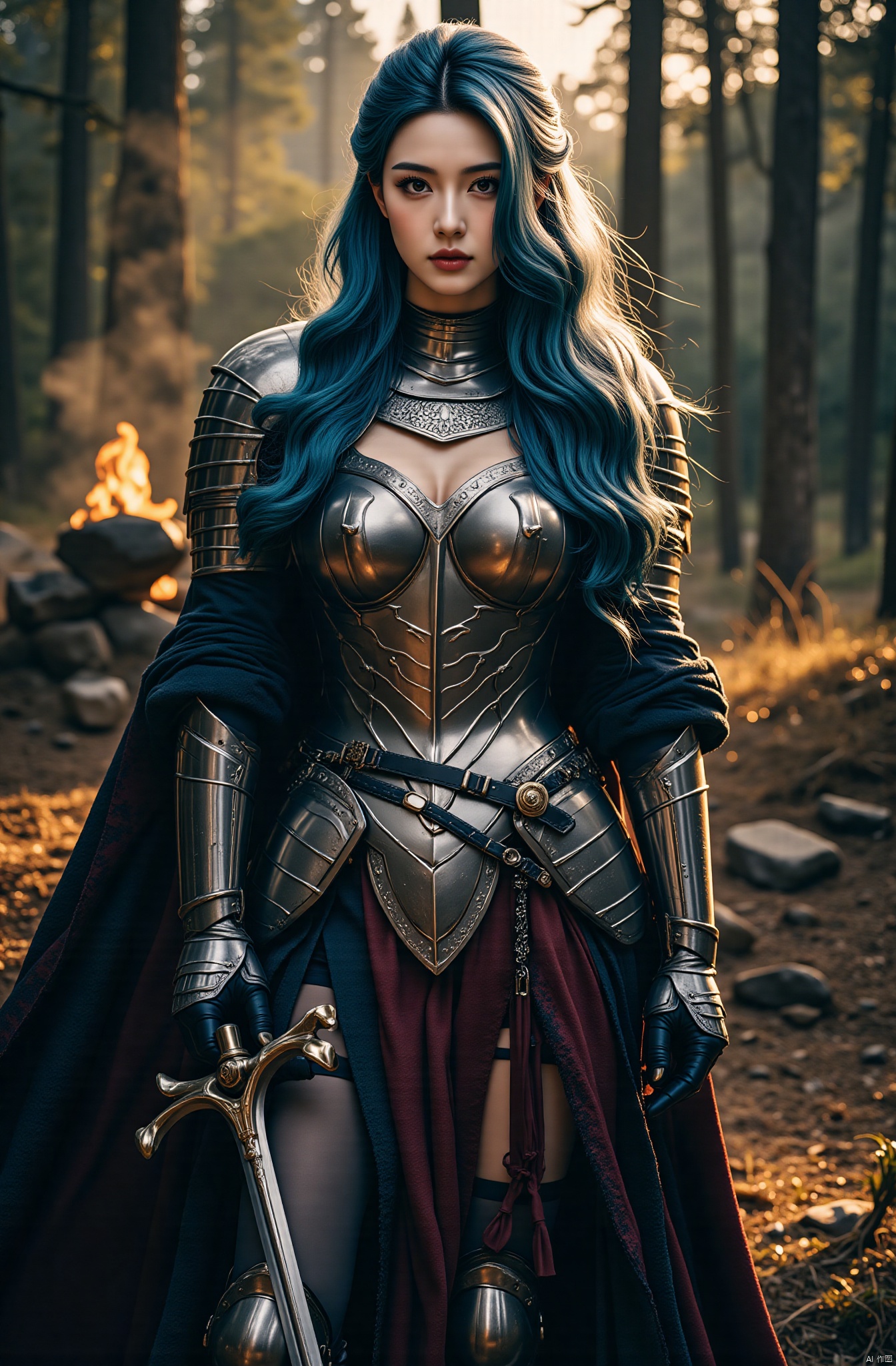 (8k, raw photography, top quality, masterpiece:1.2), close-up, a woman, 30 years old, close-up. {cinematic angle, wide angle, no split screen,} (realistic skin 1.4), (Valkyrie, Valkyrie ), (Wizard armor ((Western knight, plate armor covering the whole body, metal armor))), (((forest background, golden hour, Asgard)), 50mm lens, 30mm Film, wide angle (long wavy blue hair), blue eyes, smooth skin, beautiful and delicate hair, beautiful and delicate face, beautiful and delicate eyes, {big breasts,, muscular body, full curves,}, long wavy blue hair, long socks, black socks, black tights, leggings, big butt, muscular girl, big butt, breasts covered by armor, fighting pose, fight, dueling pose, buried Forest background, war scene, flames, wizard, in the background there is an ancient buried city