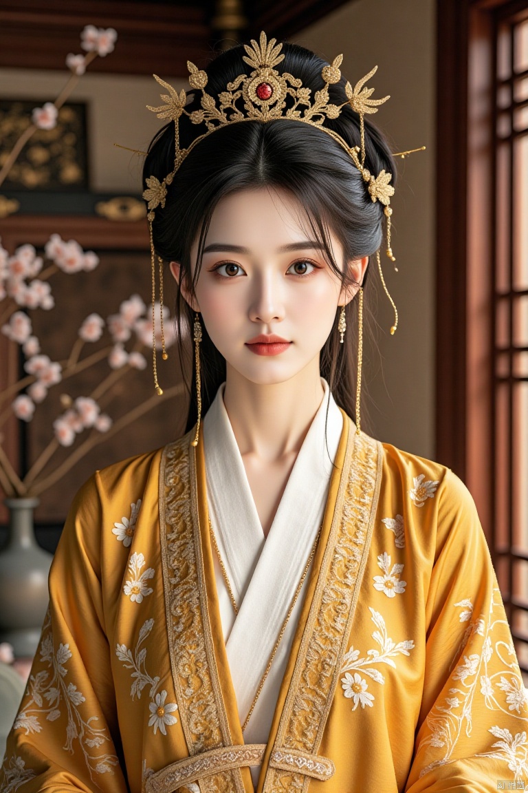 Chinese aesthetics, Asian beauty, snow-white skin ,full_body,beautiful lighting,
Full body photo, noble and cool, royal princess, frontal view, cold eyes, rose lip color, gorgeous makeup, (face close-up), ivory complexion, (wearing a golden palace dress and a crown), noble, long hair tied up , static view, palace hall. Extremely clear, tall, jade complexion, ((noble)), profound in power, perfect etiquette, majestic, dignified posture, light touch of fingers.