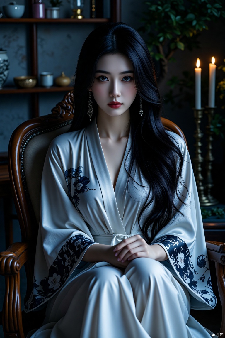 A curvaceous female ghost, wearing a sexy ink robe, is in a dark study. The robe is light, and the dark orchid pattern flickers between the clothes, like the incarnation of a ghost. She sat casually on the sandalwood chair, with a delicate face, deep facial features, dark and charming eyes, and slightly opened red lips, with a mysterious aura. The black hair fell down like a waterfall, emitting a faint light.
