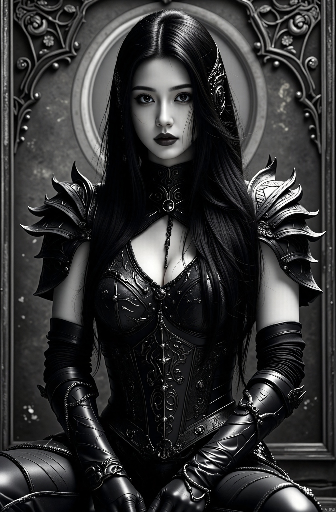 (Masterpiece:1.1), (Best Quality:1.1), (Gorgeous:1.1), (Monochrome:1.3), (Black and White:1.3), Rest, (Horror:1.0), (Esoteric:1.1), ( alone:1.4), (dynamic angle:1.0), (cowboy shot:1.0), (lady:1.1), (very muscular toned girl:1.25), ([Strong upper body: 1.25), (Narrow hips: 1.0), Long hair, (Gothic intricate vampire armor: 1.25), ((Full body front view)), (Gloves: 1.0), ( Shoulder armor: 1.1) , ((Tarot style frame:1.25)), (Shining Red Veins:1.25)