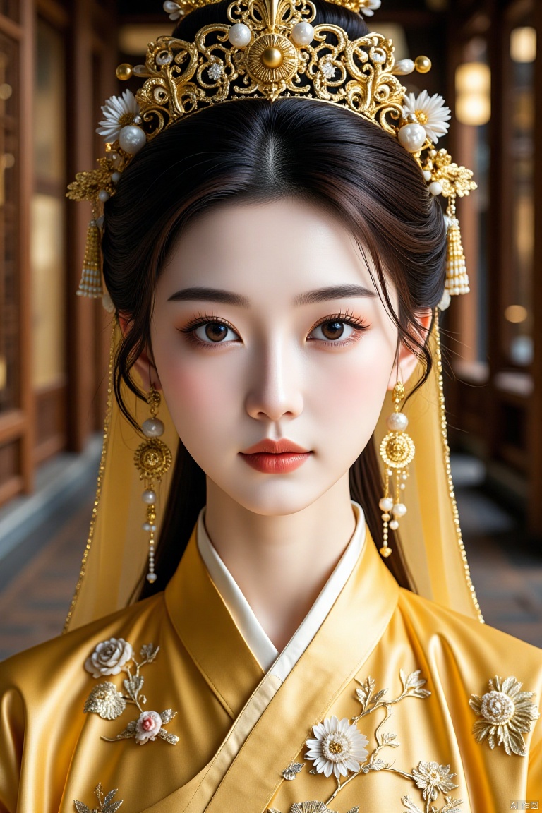 Chinese aesthetics, Asian beauty, snow-white skin ,full_body,beautiful lighting,
Full body photo, noble and cool, royal princess, frontal view, cold eyes, rose lip color, gorgeous makeup, (face close-up), ivory complexion, (wearing a golden palace dress and a crown), noble, long hair tied up , static view, palace hall. Extremely clear, tall, jade complexion, ((noble)), profound in power, perfect etiquette, majestic, dignified posture, light touch of fingers.