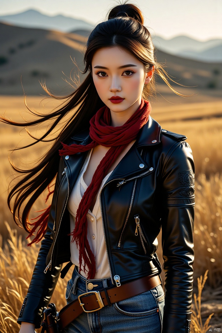 Chinese aesthetics, Asian beauty, snow-white skin ,full_body,beautiful lighting,
Full body shot, wild and uninhibited, western cowgirl, side face gaze, firm eyes, dark red lip color, smoky makeup, (face close-up), bronze complexion, (wearing leather jacket and jeans, carrying a revolver at the waist), freedom , long hair tied up, dynamic perspective, galloping in the wilderness. Extremely clear, strong body, wheat field skin color, ((free)), brave and fearless, godlike marksmanship, wild and untamed, heroic posture, waving arms.
