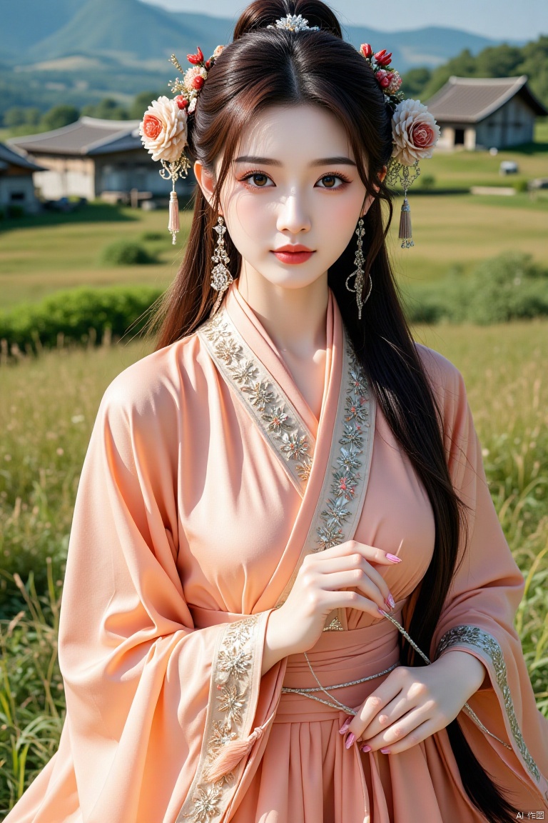 Chinese aesthetics, Asian beauty, snow-white skin ,full_body,beautiful lighting,
Frontal panoramic view, ethnic style woman, ultra-high resolution, long chestnut hair braided, a combination of tradition and modernity, ethnic characteristics, and various styles. Healthy skin, graceful figure, delicate pictures, humanistic documentary photography style, unique style, vivid and expressive almond eyes, thick curled eyelashes, affectionate eyes, coral orange lip gloss, gentle and charming smile, traditional hair style Long hair with embellished ornaments, makeup with ethnic elements, modern clothing integrating ethnic style, elegant dance movements, gestures showing national culture, delicate facial expressions, natural light, and pastoral background