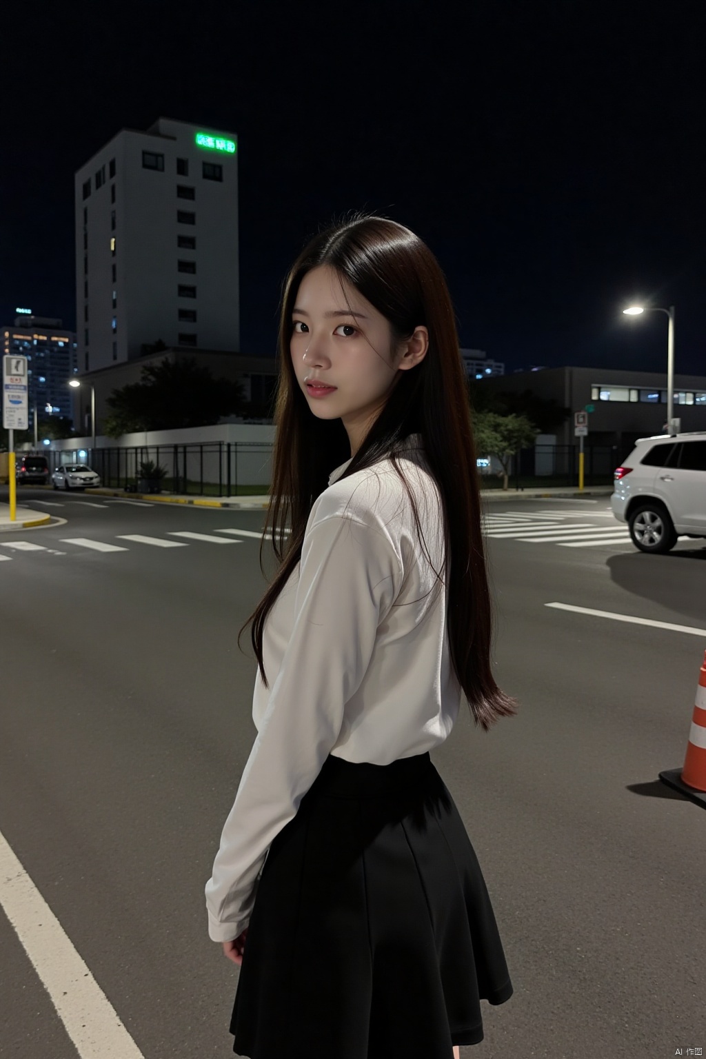 1girl, solo, long hair, looking at viewer, skirt, brown hair, shirt, black hair, long sleeves, brown eyes, standing, white shirt, outdoors, black skirt, night, ground vehicle, building, motor vehicle, city, sign, realistic, fence, car, road, street, crosswalk, real world location, traffic cone