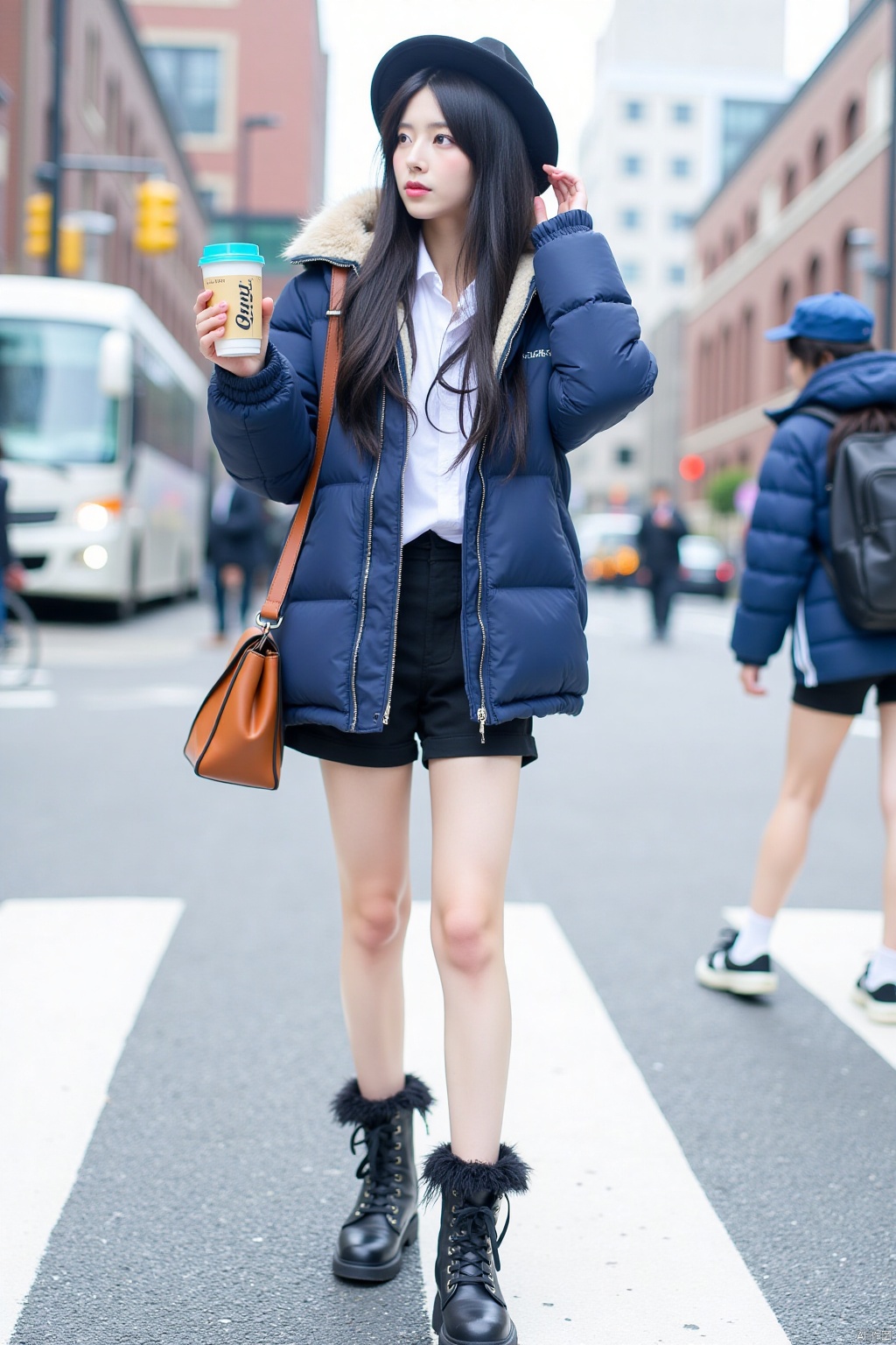 1girl, solo, long hair, shirt, black hair, hat, holding, standing, jacket, full body, white shirt, boots, outdoors, shoes, shorts, day, socks, bag, black footwear, cup, fur trim, short shorts, blue jacket, ground vehicle, building, holding cup, motor vehicle, blue headwear, city, car, road, street, crosswalk, sidewalk