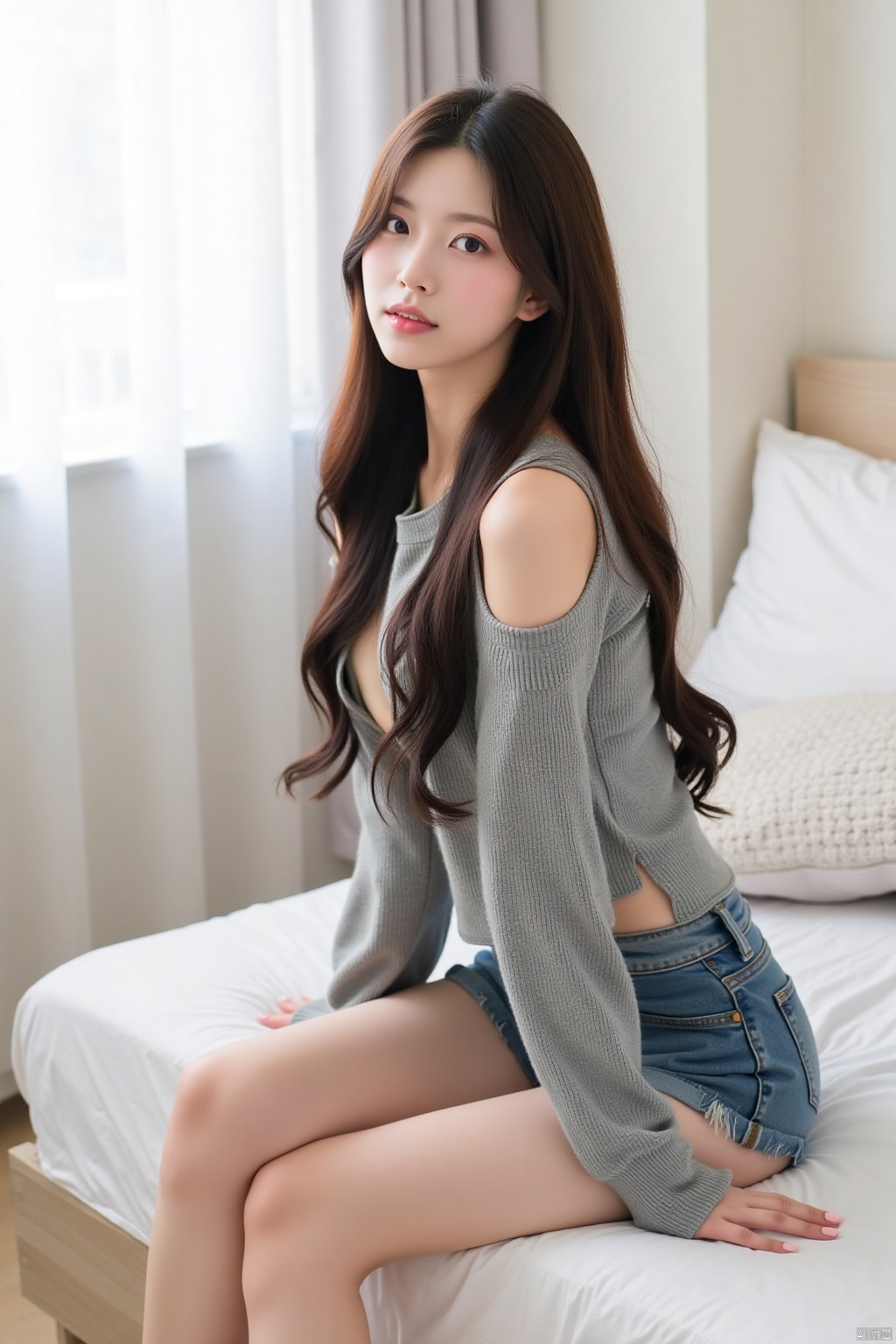 1girl, solo, long hair, breasts, looking at viewer, brown hair, bare shoulders, sitting, closed mouth, thighs, shorts, indoors, sweater, lips, pillow, short shorts, clothing cutout, bare legs, window, bed, feet out of frame, on bed, denim, curtains, denim shorts, shoulder cutout, bedroom, cutoffs