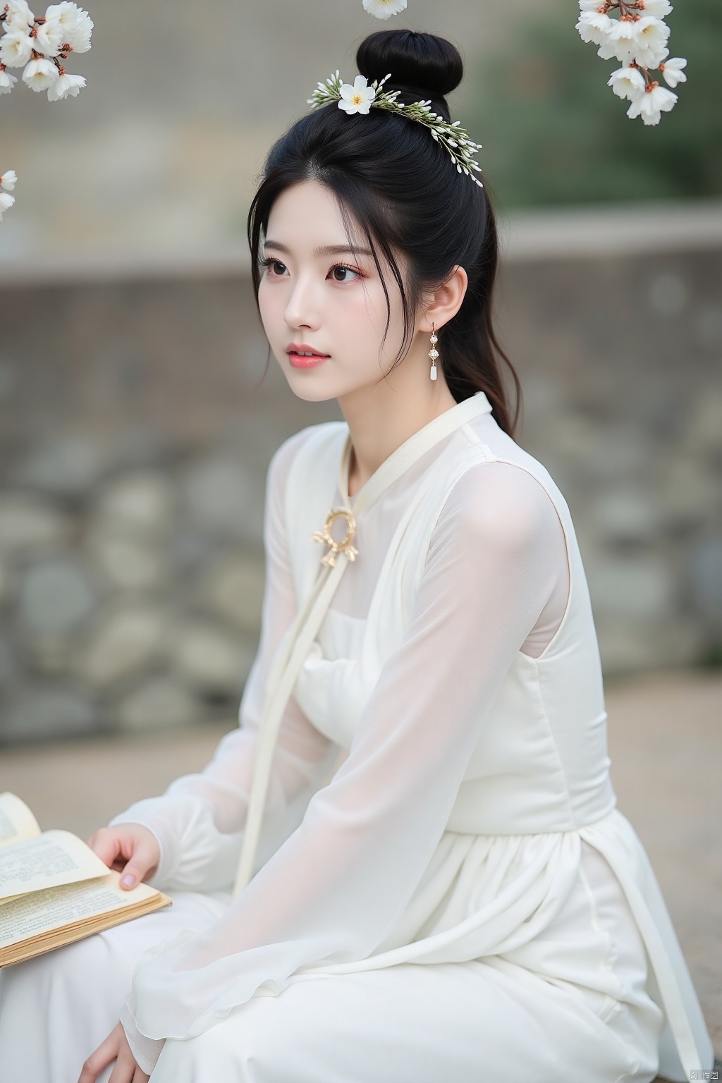 1girl, solo, black hair, hair ornament, long sleeves, dress, jewelry, sitting, flower, earrings, outdoors, hair flower, hair bun, white dress, blurry, black eyes, looking to the side, book, blurry background, chinese clothes, realistic, hanfu